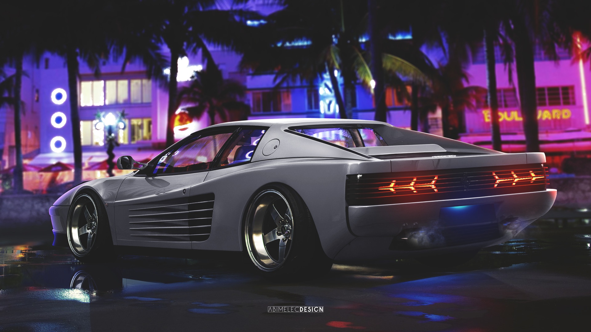 White Ferrari Testarossa on a wet street at night HD Wallpaper