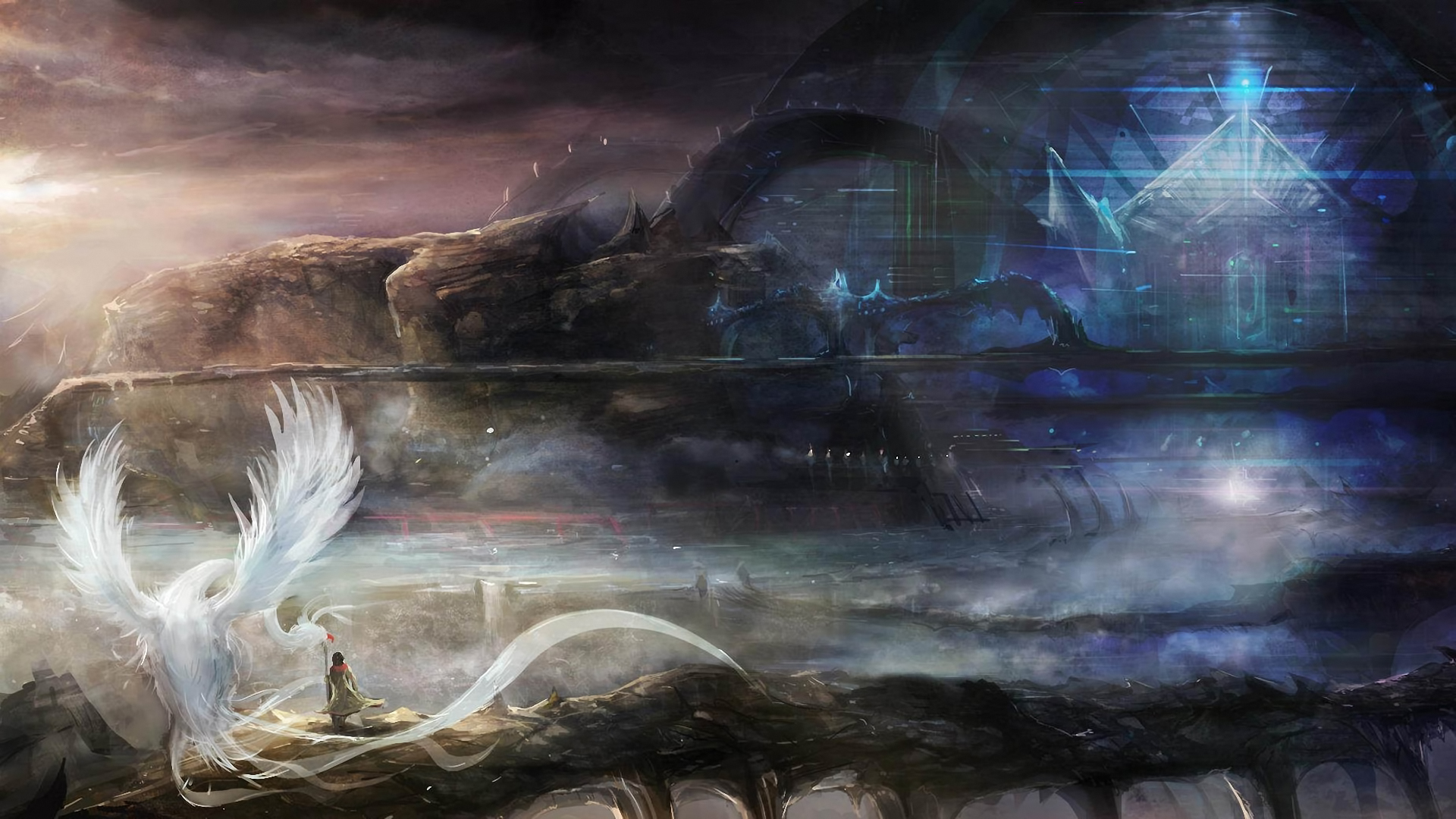Fantasy landscape with winged creature and person HD Wallpaper