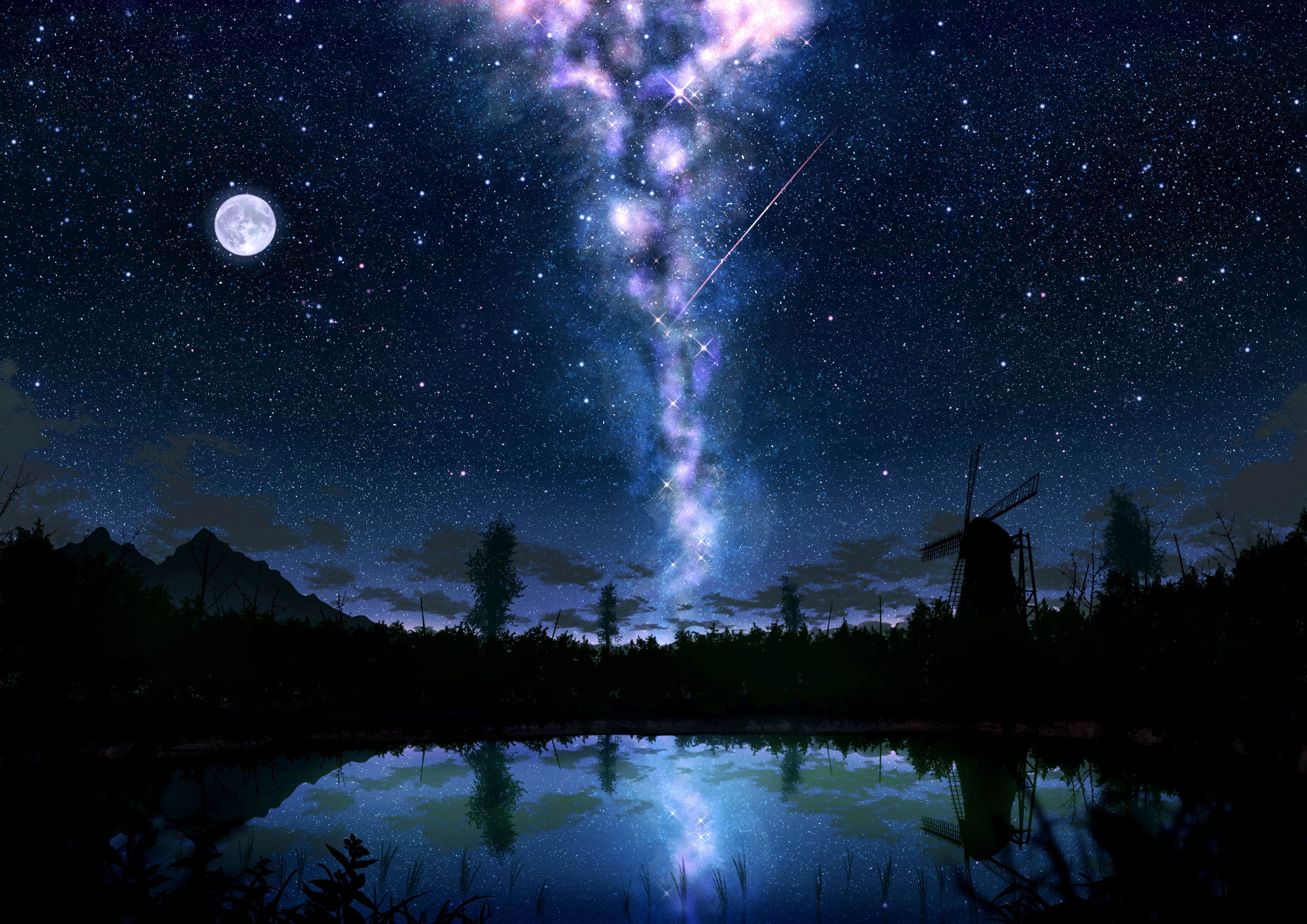 Night sky with Milky Way, moon, and windmill HD Wallpaper