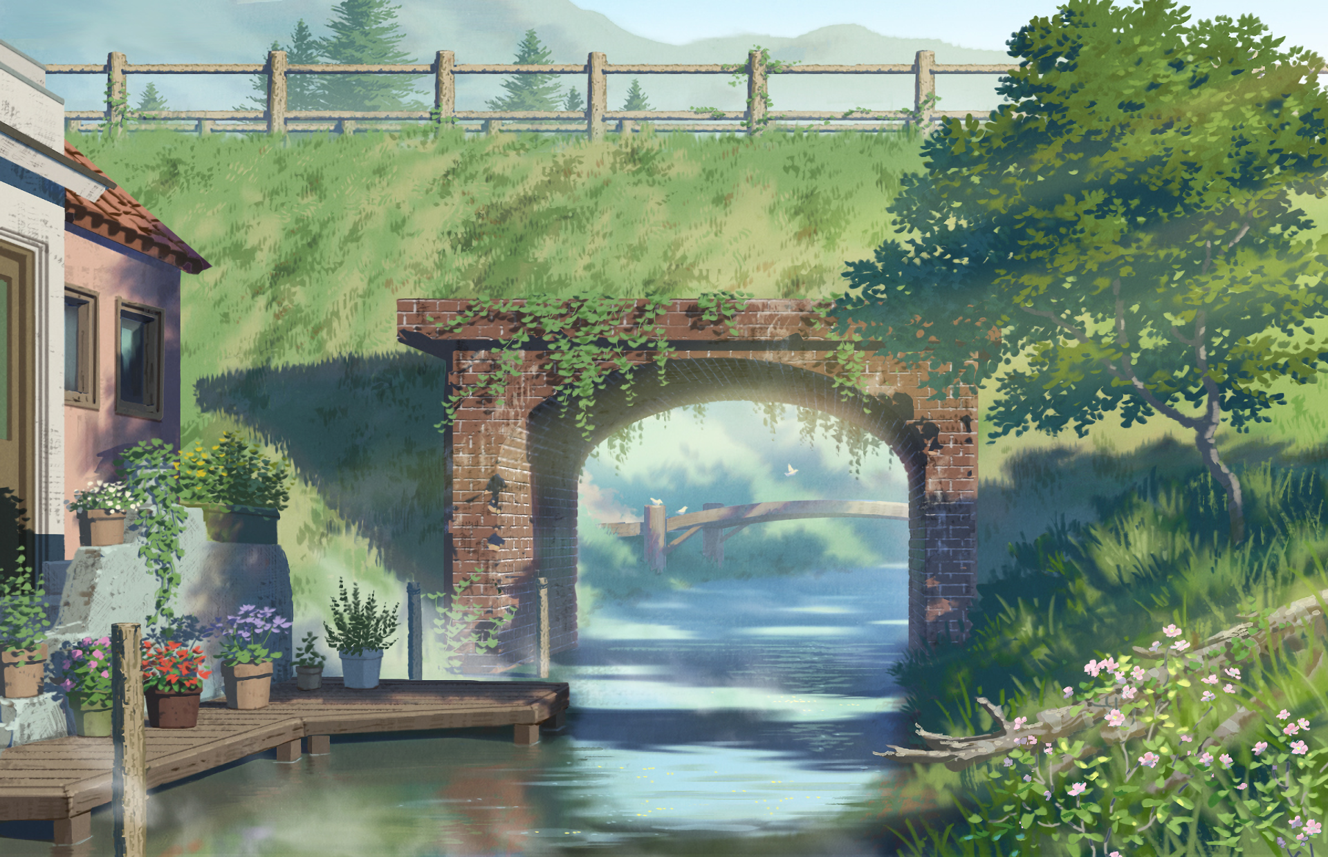 Anime scene with a canal, brick archway, and trees HD Wallpaper