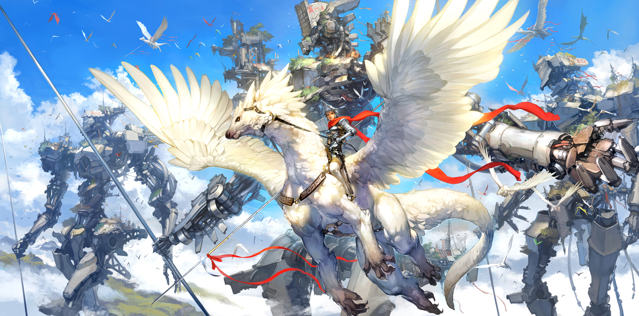 Woman warrior riding a winged creature with giant robots HD Wallpaper