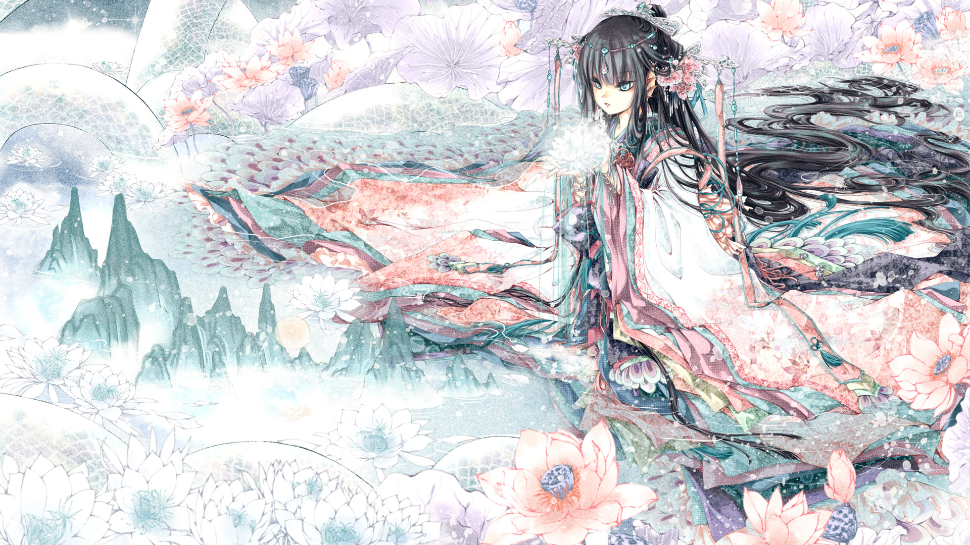 Girl in Kimono with Flowers and Mountains HD Wallpaper