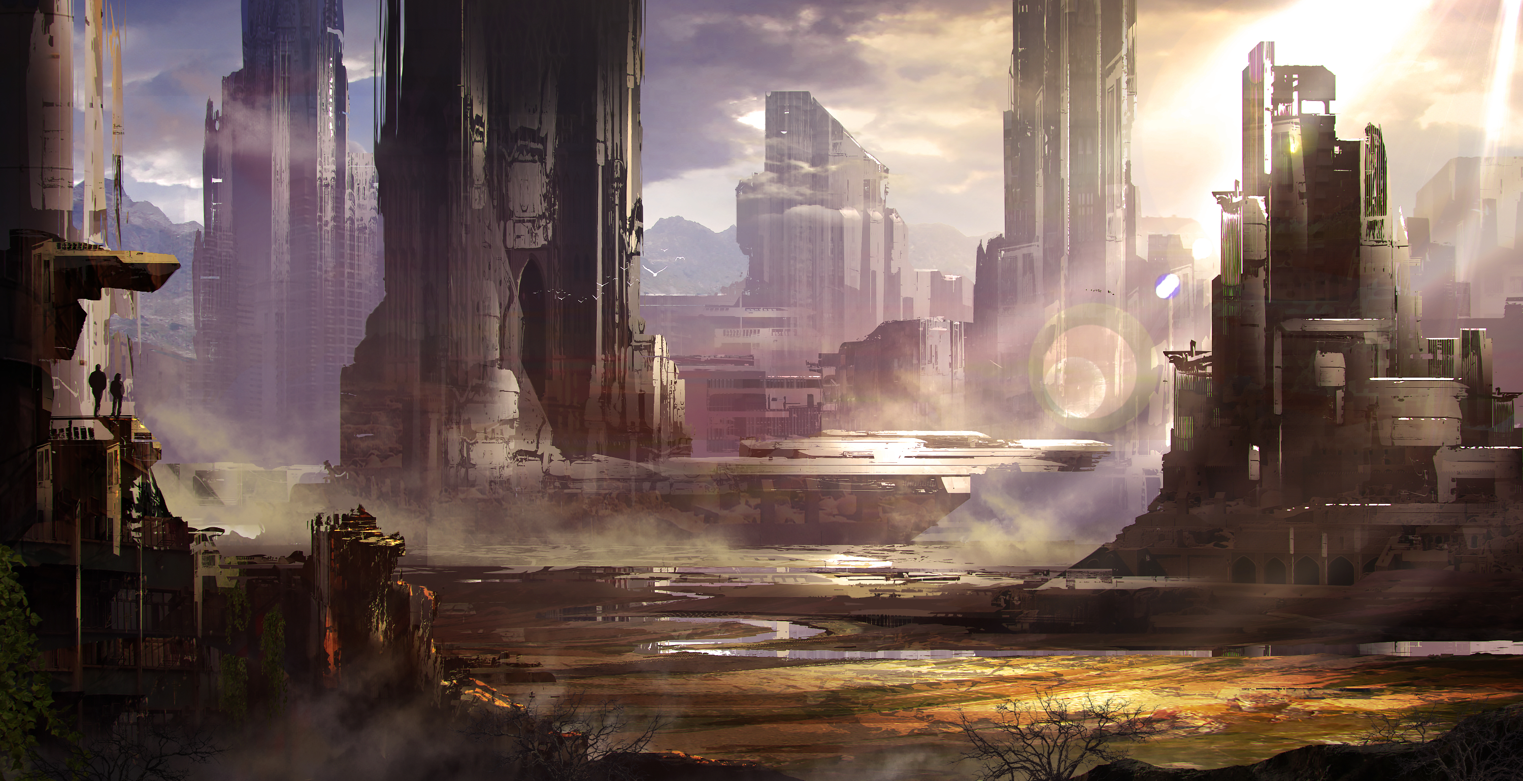 Futuristic Cityscape with Mountains and Hazy Sky HD Wallpaper