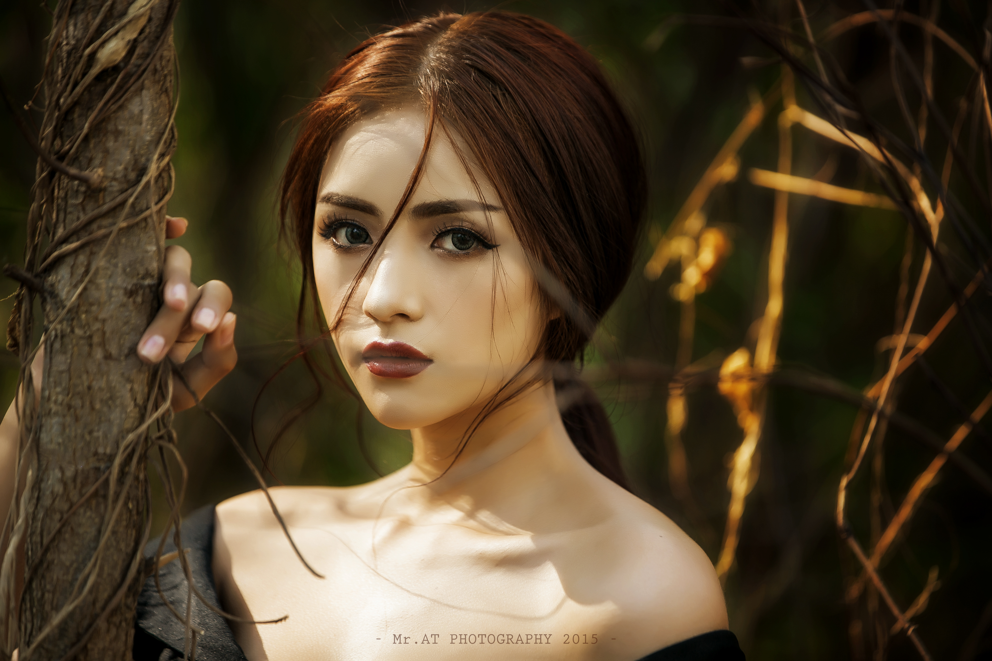 Mai Ánh Quyên, Vietnamese model, posing by a tree HD Wallpaper