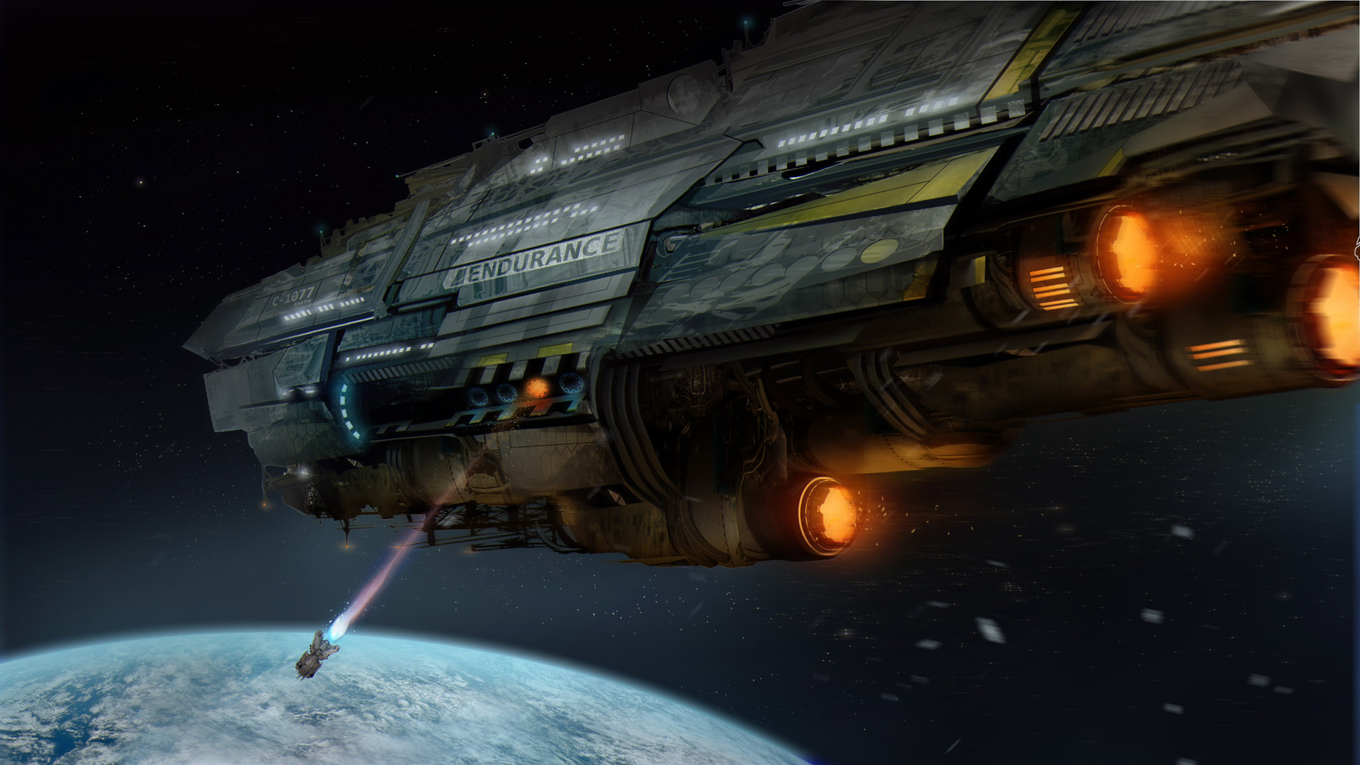 Spaceship Endurance firing on a smaller craft over Earth HD Wallpaper