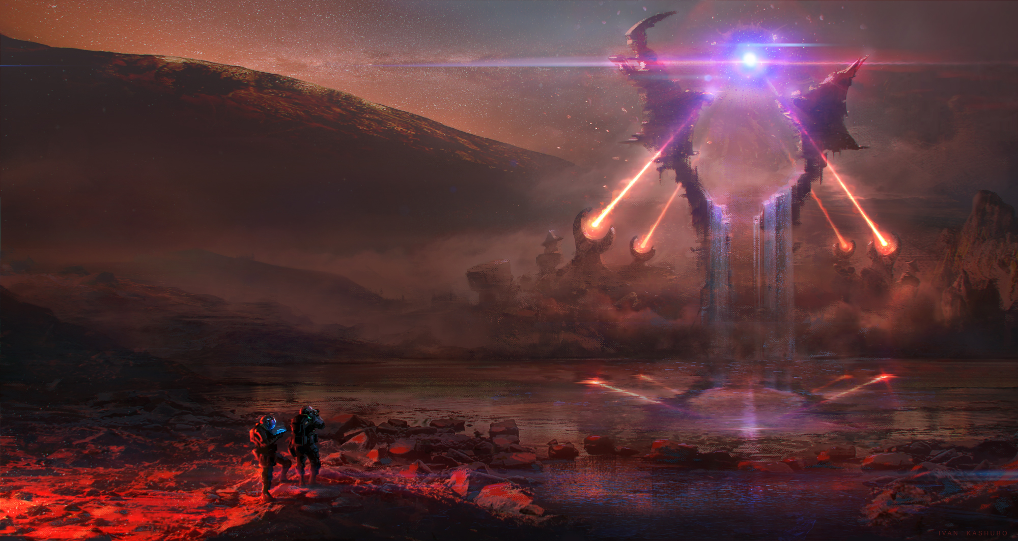 Sci Fi landscape with alien structure and astronauts HD Wallpaper