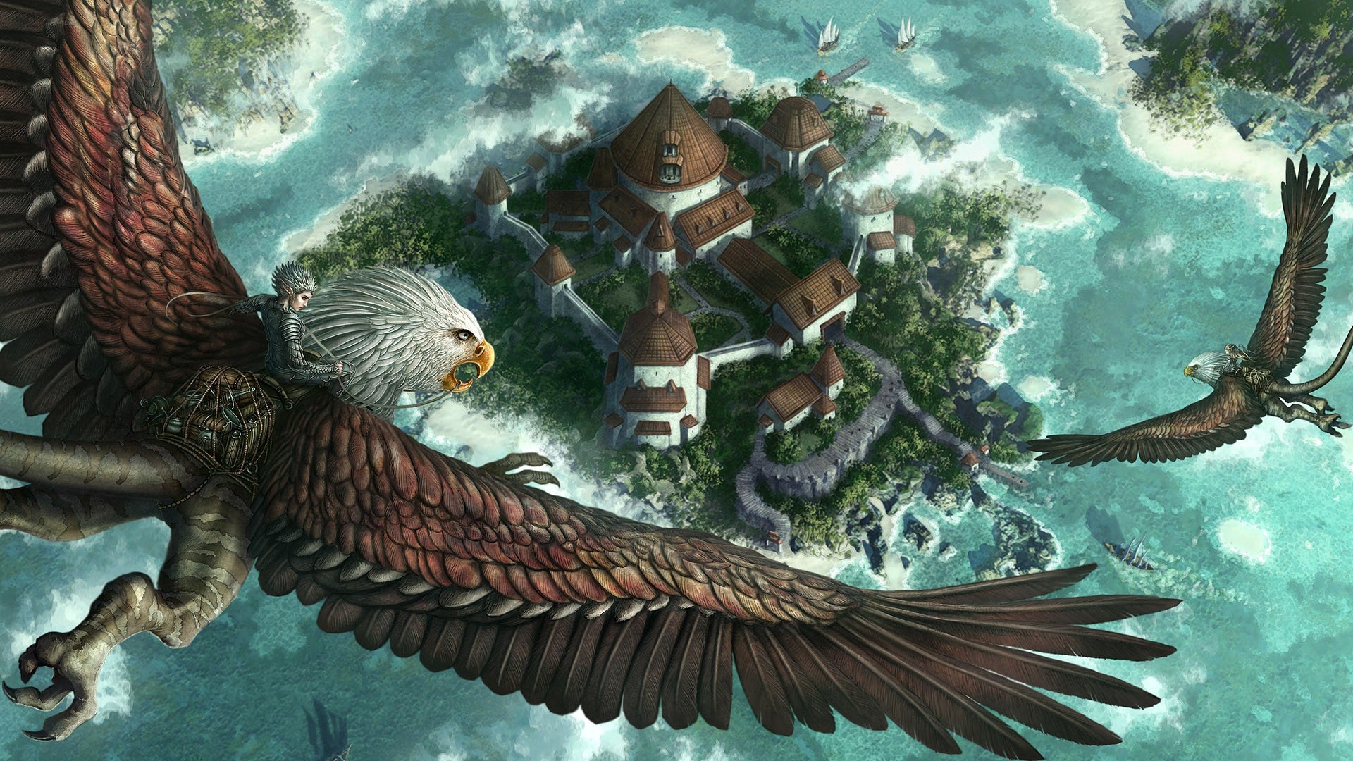 Griffins flying over a fantasy island fortress HD Wallpaper