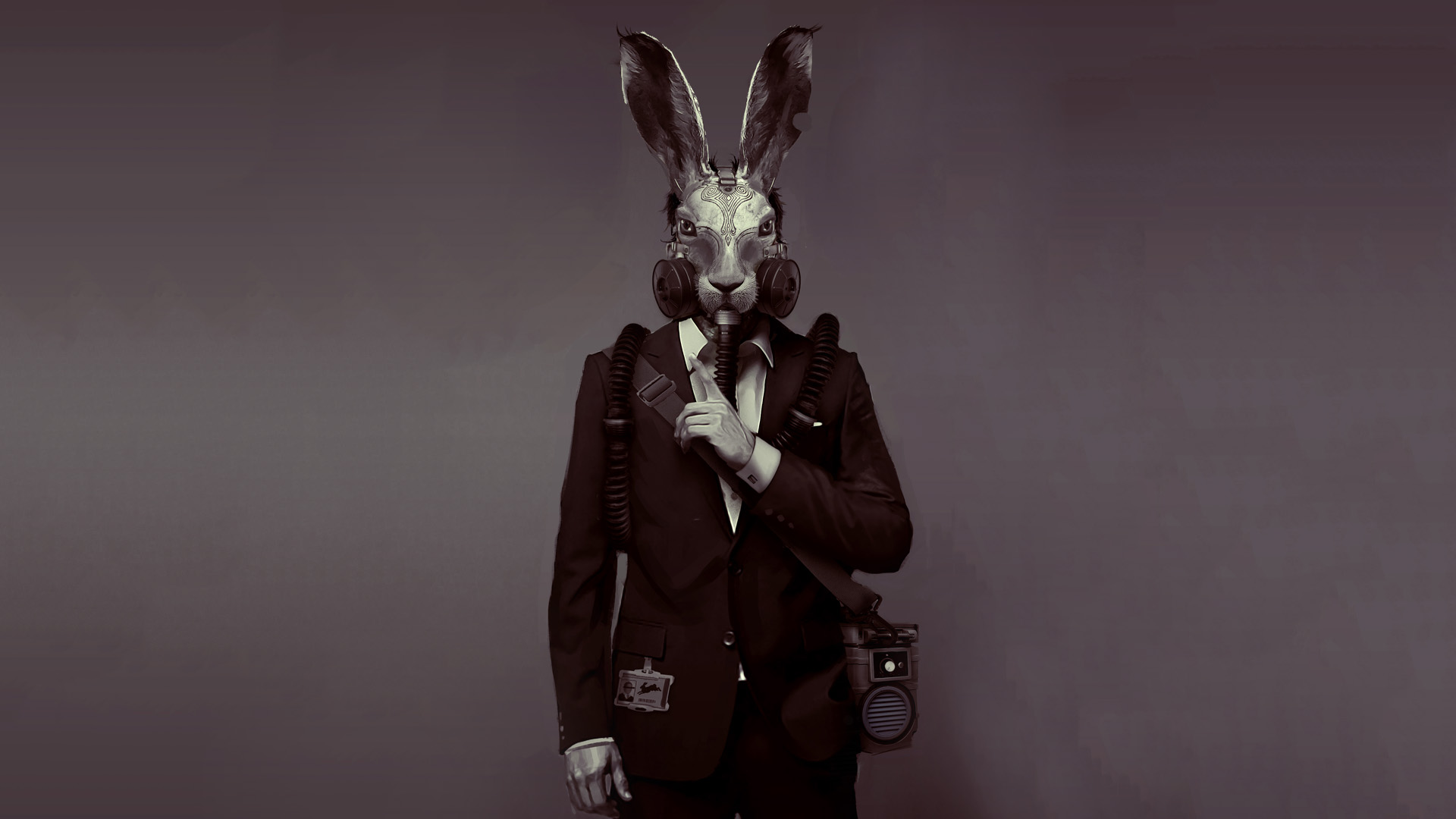 Man in suit with rabbit gas mask from Deceit HD Wallpaper