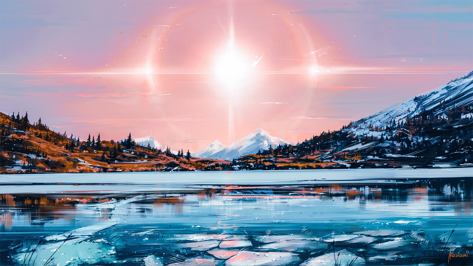 Artistic Landscape of a Snowy Mountain Lake at Sunrise HD Wallpaper