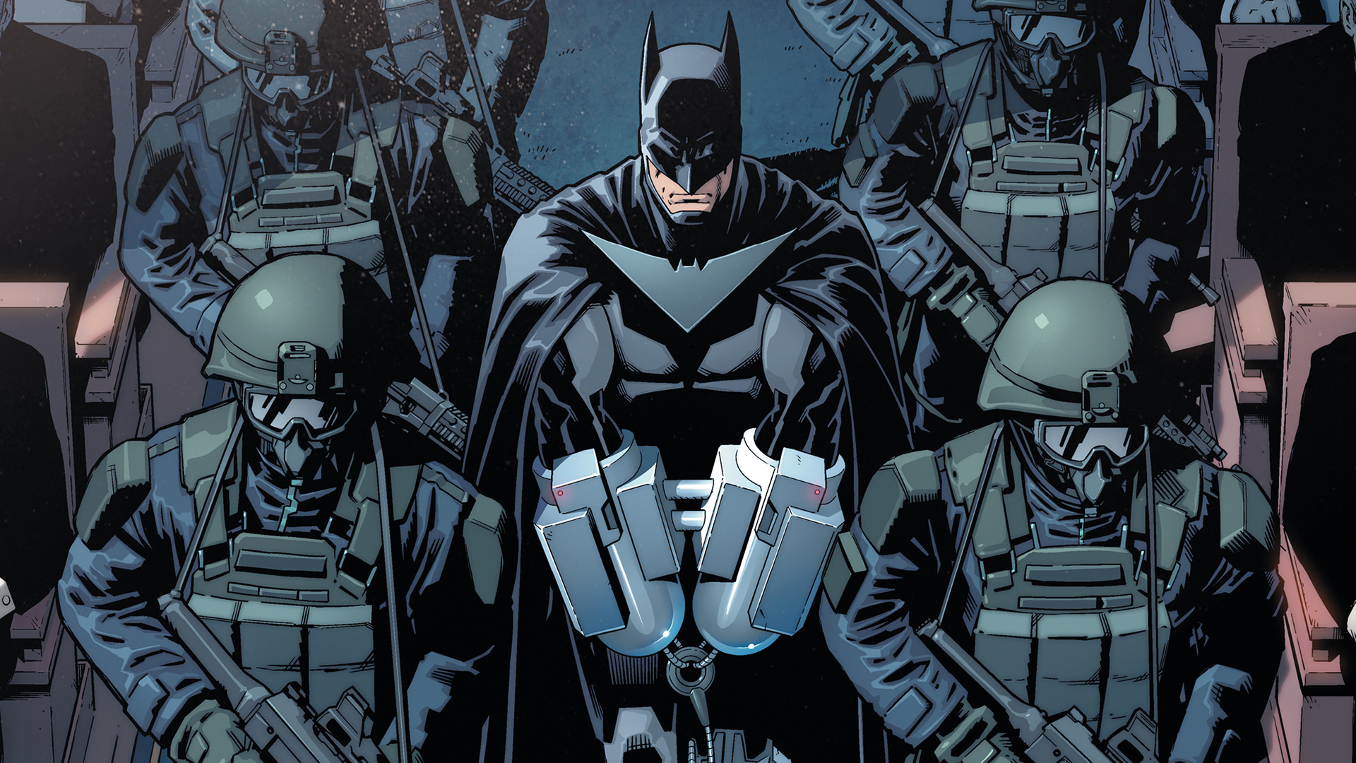 Batman surrounded by soldiers HD Wallpaper