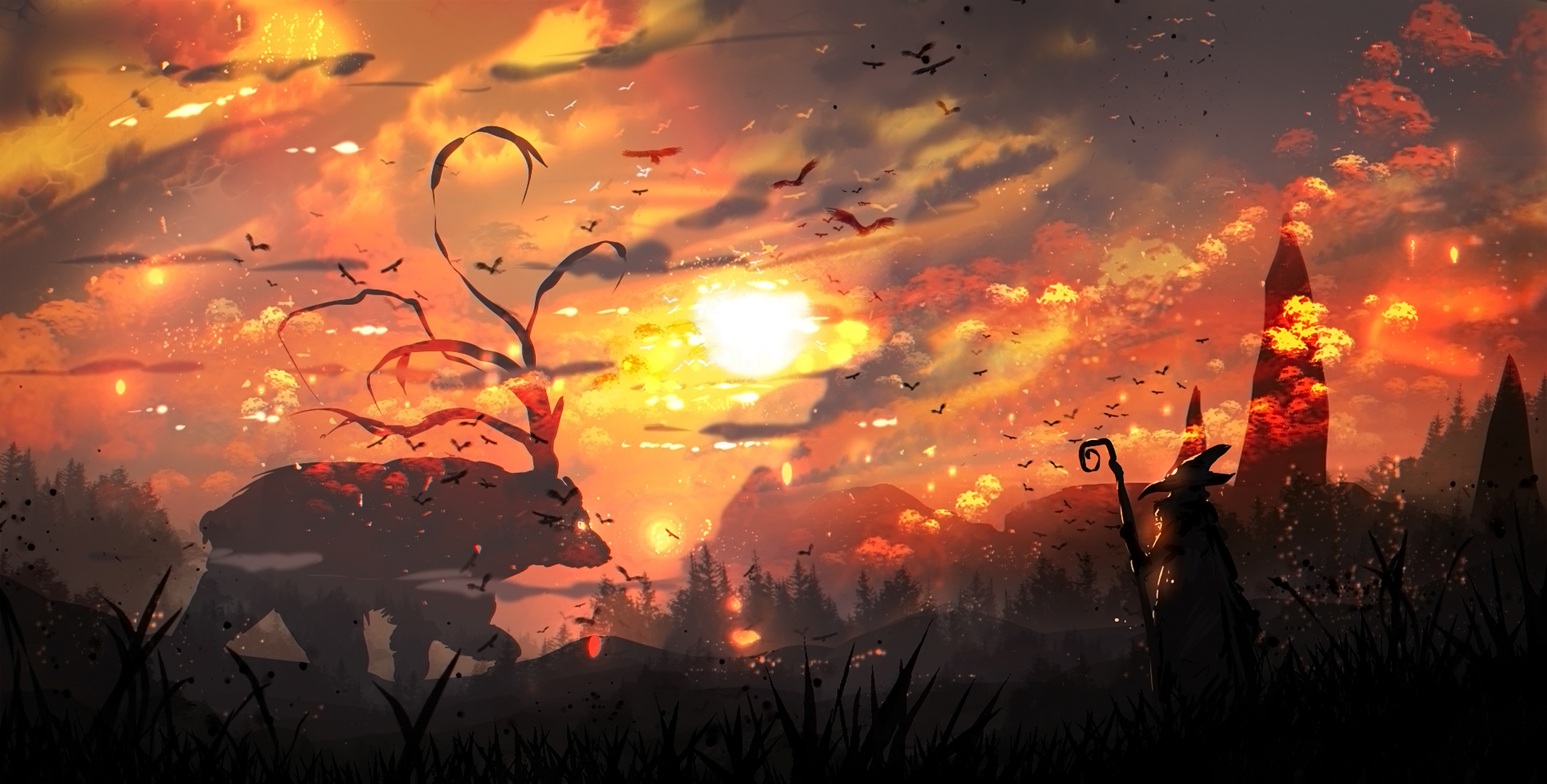 Fantasy landscape with a bear creature and a wizard at sunset HD Wallpaper