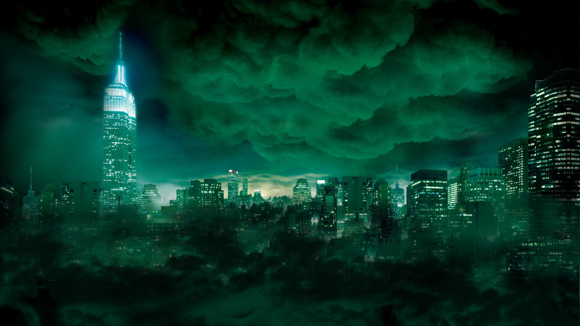 New York City Skyline at Night with Green Clouds HD Wallpaper