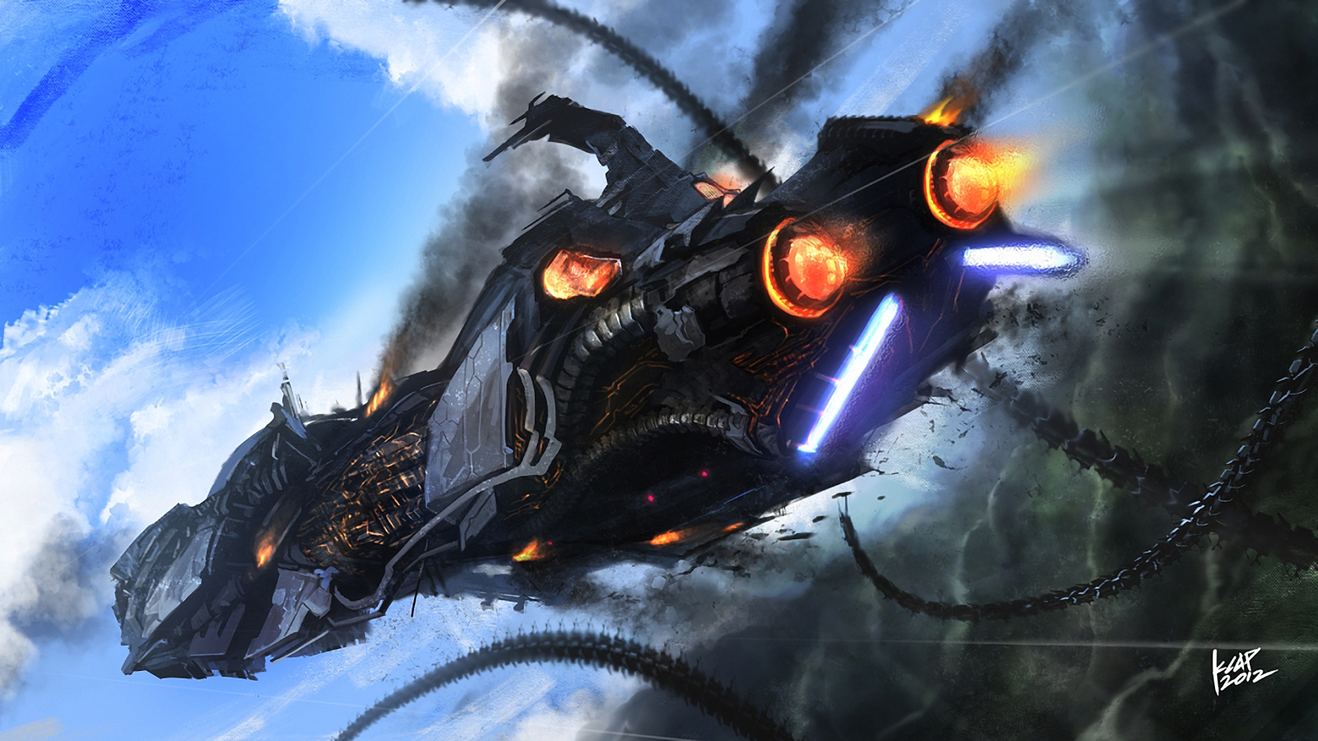 Damaged Spaceship in Sky HD Wallpaper