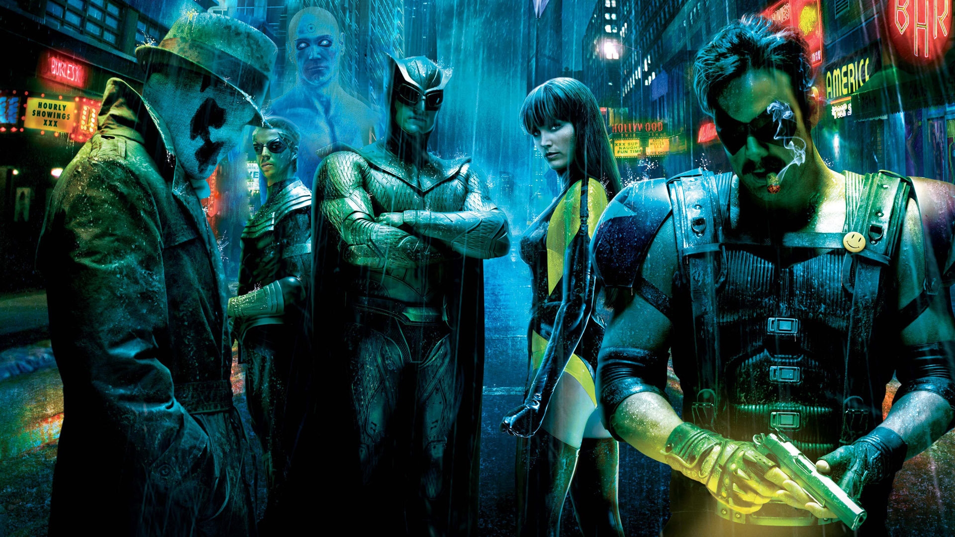 Watchmen characters in a rainy city HD Wallpaper