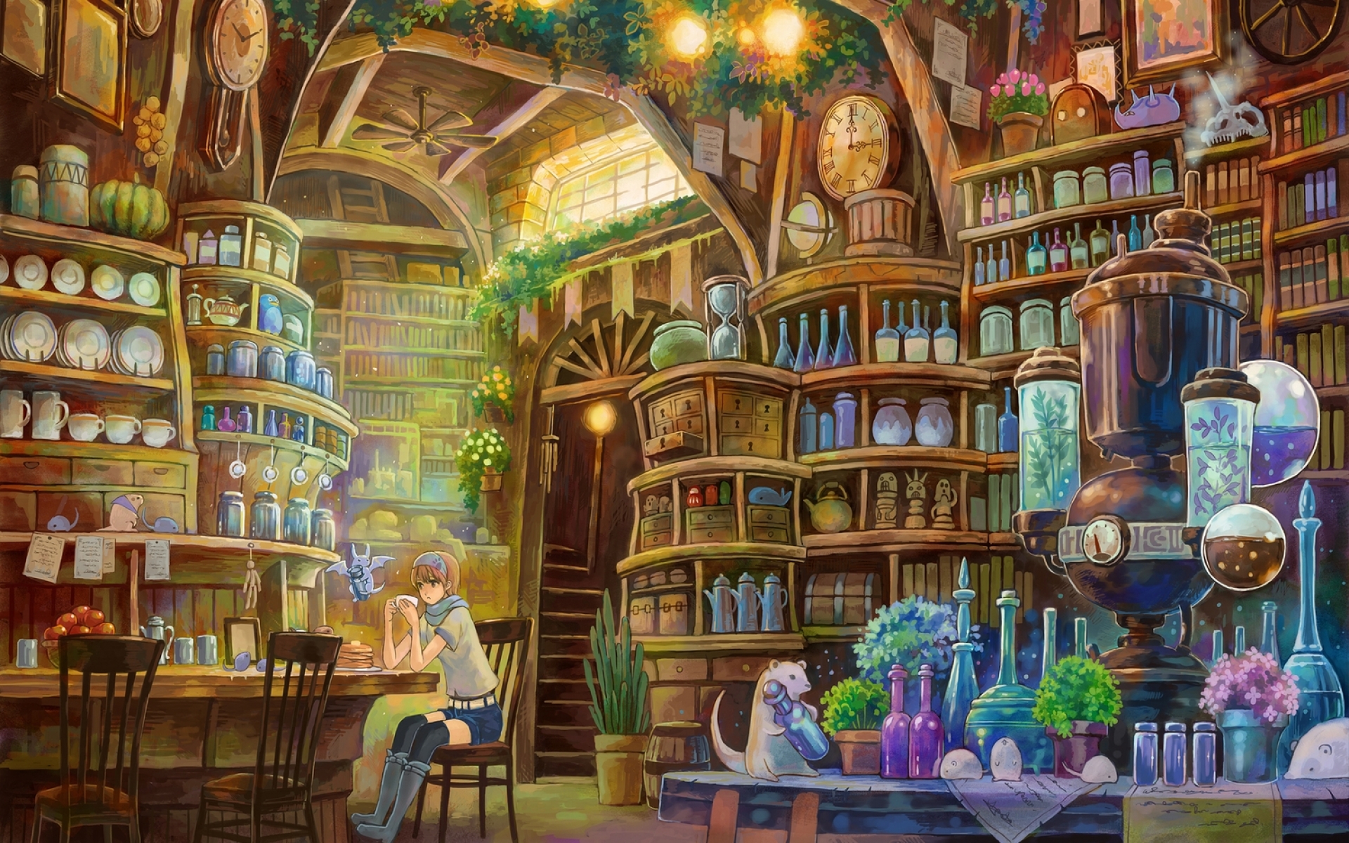Anime interior of a magical shop with a girl and a creature HD Wallpaper