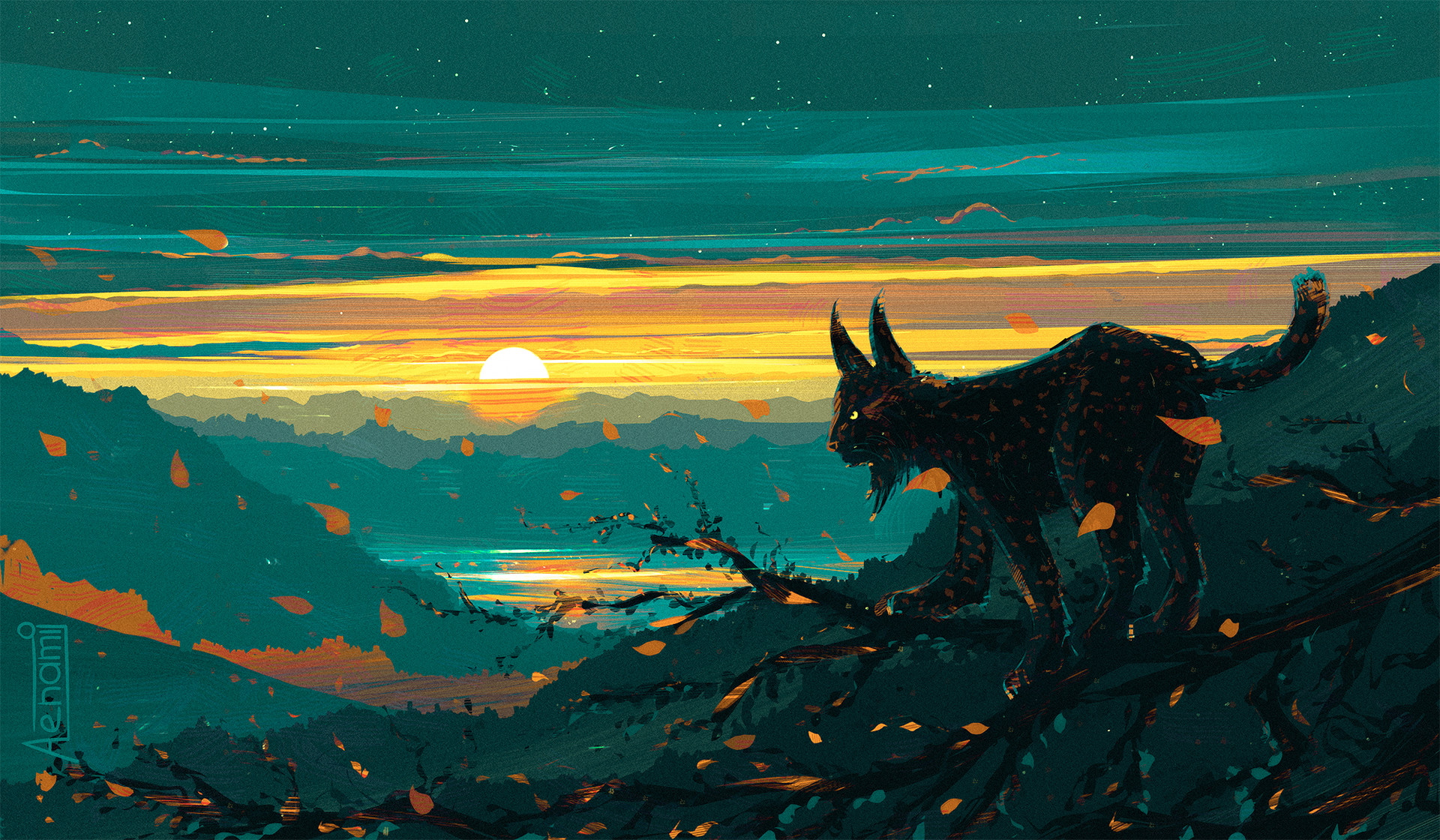 Lynx on a branch during sunset over mountains HD Wallpaper