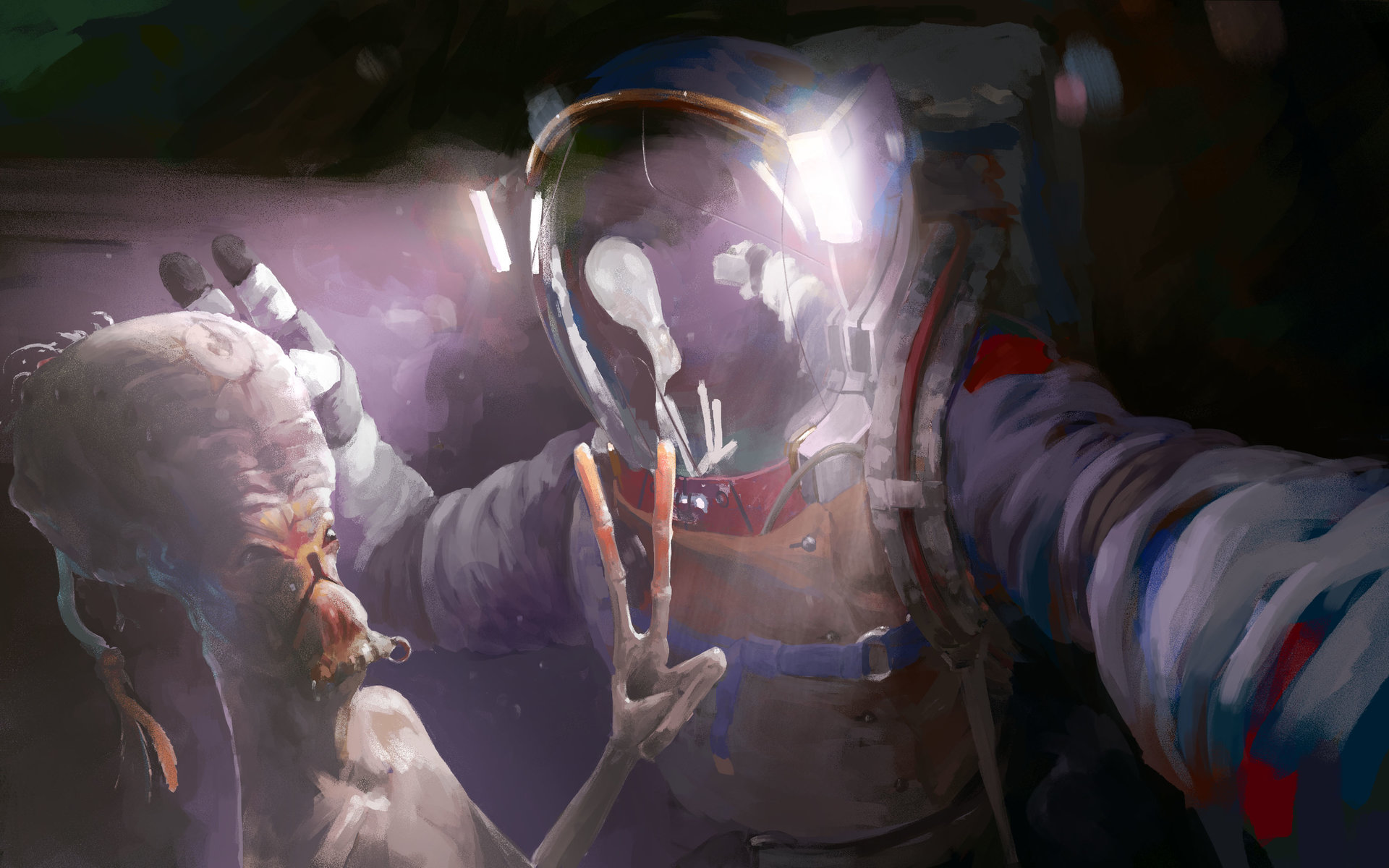 Astronaut and Alien Taking a Selfie HD Wallpaper
