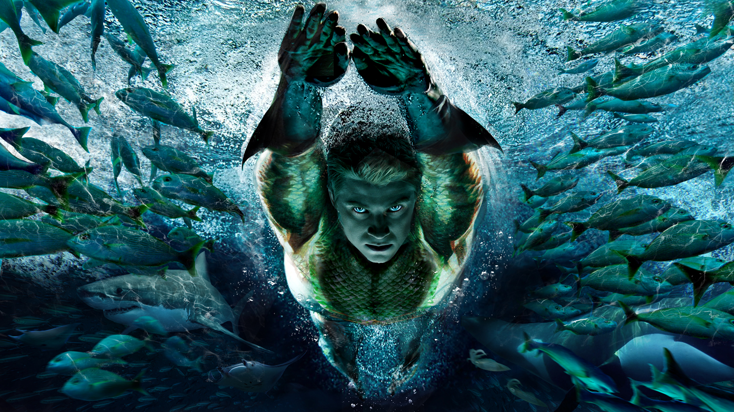Aquaman from DC Comics swimming with fish HD Wallpaper