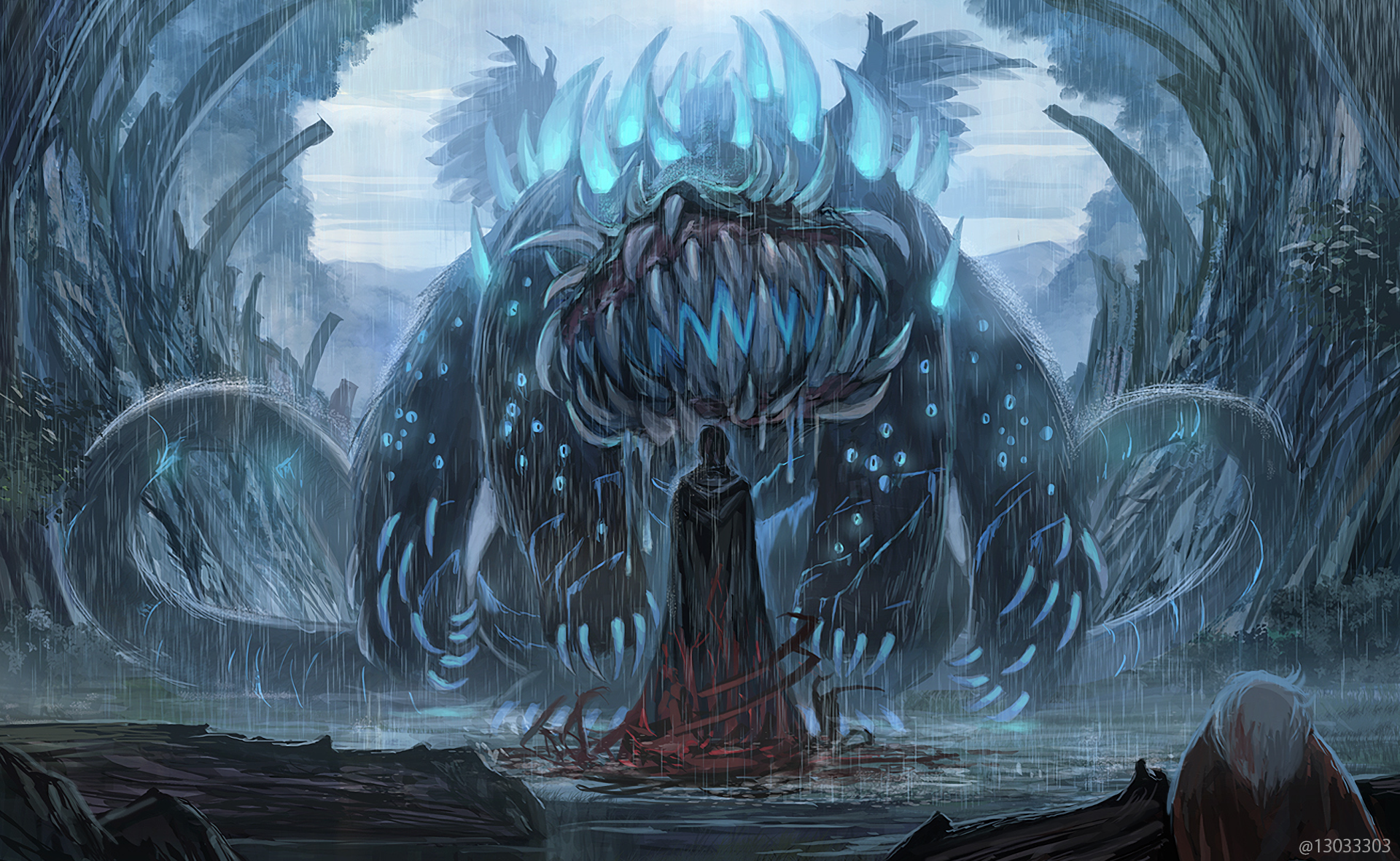 Giant monster and hooded figure in rain HD Wallpaper