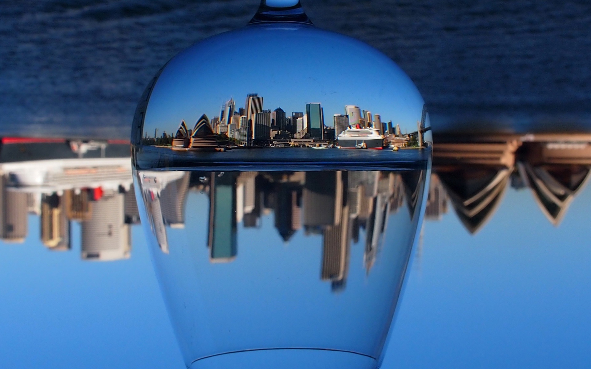 Sydney Opera House and Skyline Reflected in Wine Glass HD Wallpaper
