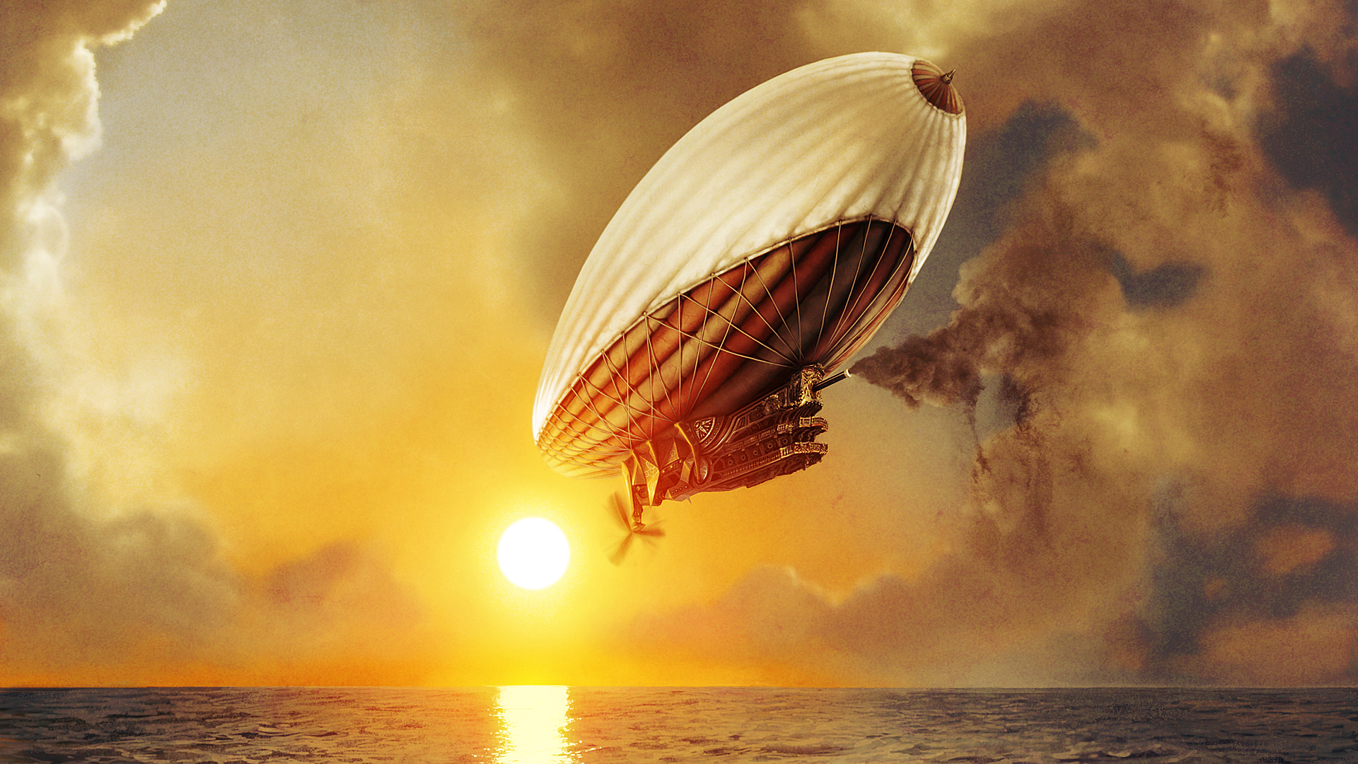 Steampunk Blimp flying over the ocean at sunset HD Wallpaper