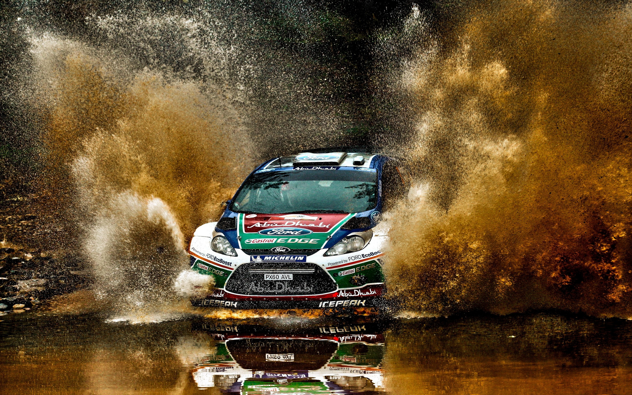 Ford Fiesta RS WRC rally car splashing through water HD Wallpaper