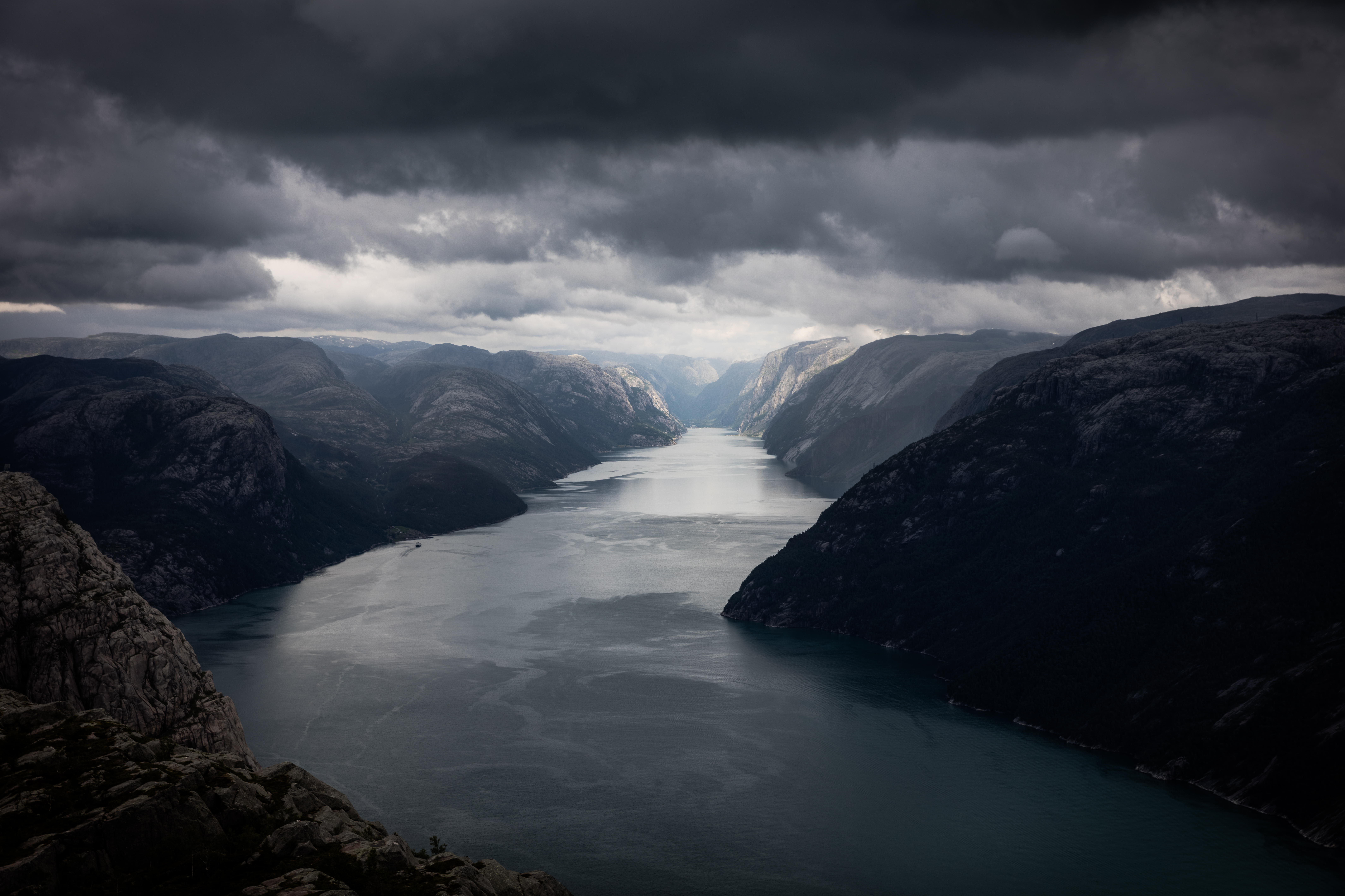 Lysefjord Fjord in Norway under stormy clouds HD Wallpaper