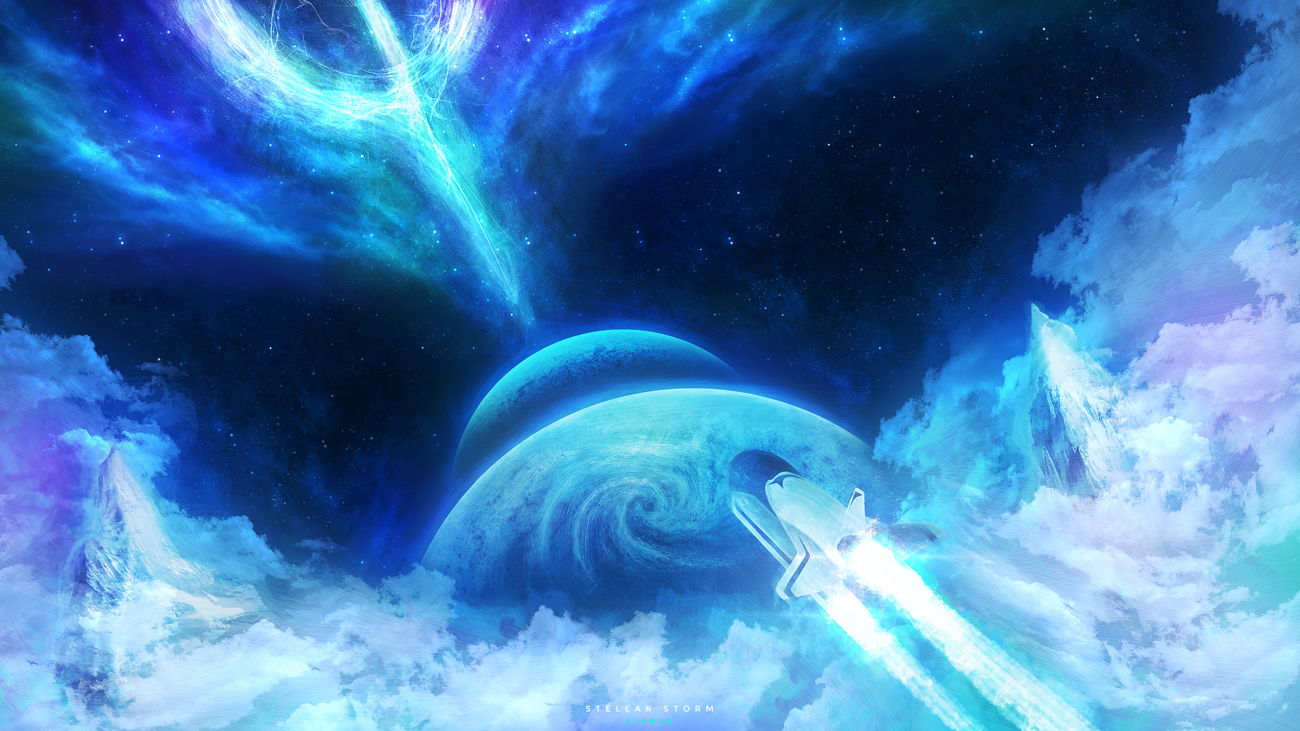 Spaceship flying past planets in a nebula HD Wallpaper
