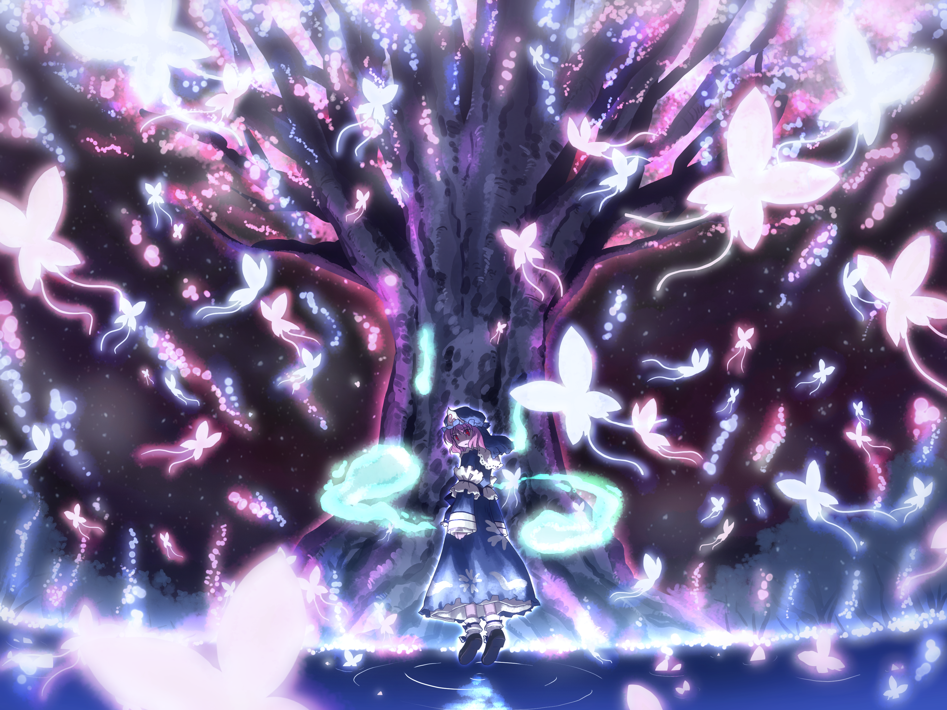 Yuyuko Saigyouji with Glowing Butterflies and Tree HD Wallpaper