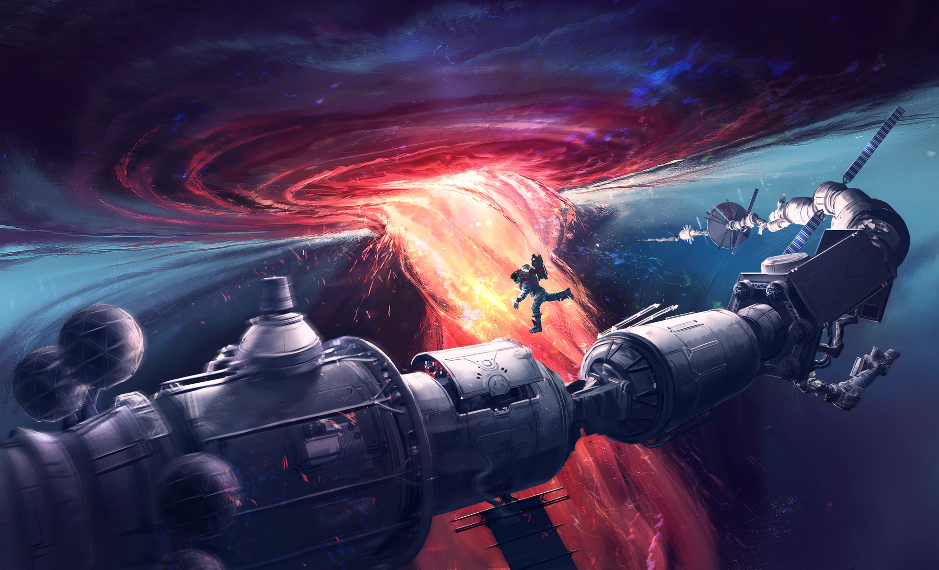 Astronaut near a space station and a cosmic anomaly HD Wallpaper