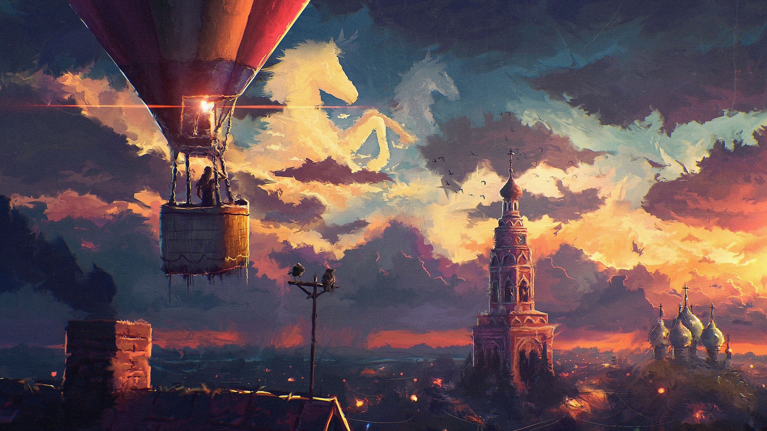 Fantasy hot air balloon over city at sunset with cloud horses HD Wallpaper