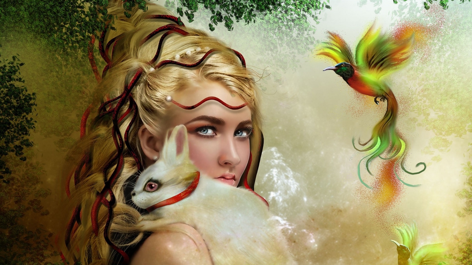 Fantasy woman with rabbit and bird HD Wallpaper