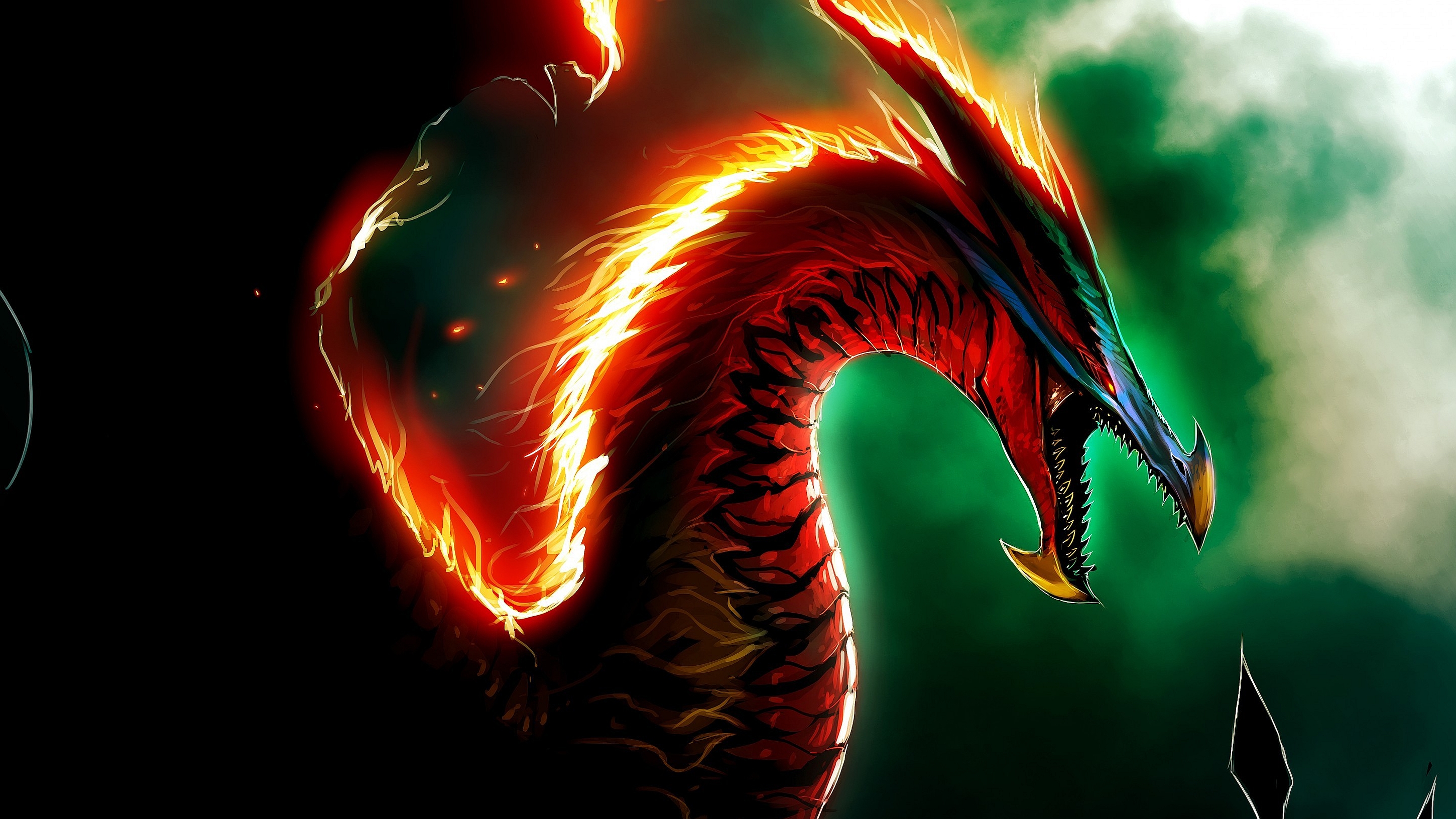 Fiery Dragon with Green Smoke Background HD Wallpaper