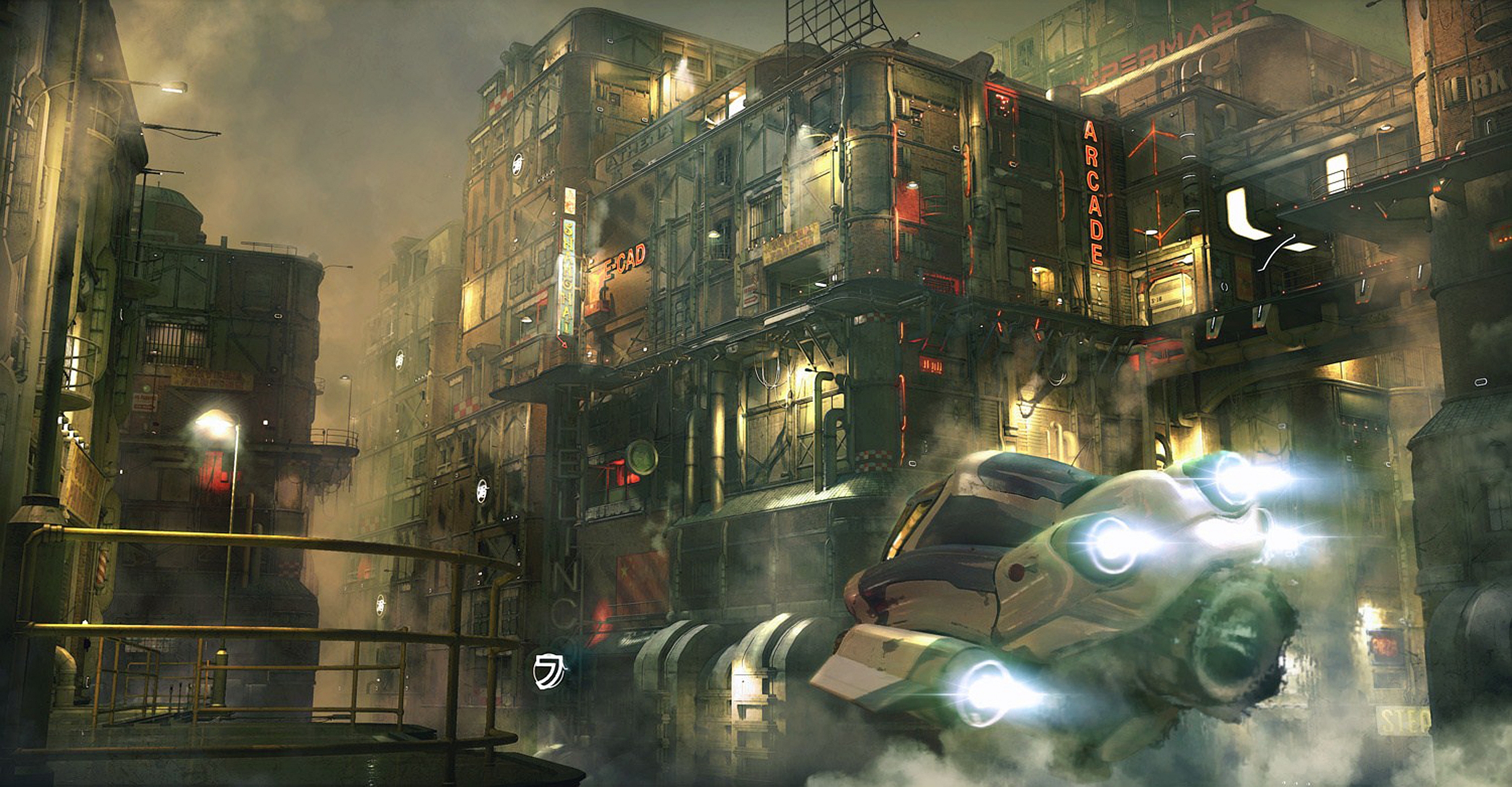 Futuristic Cityscape with Flying Vehicle HD Wallpaper