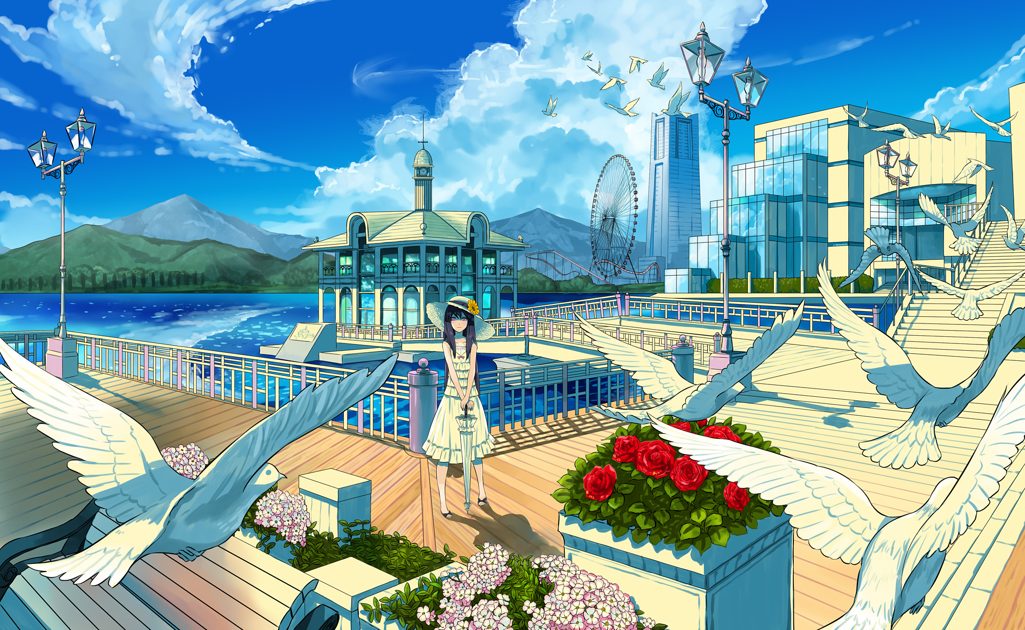 Girl and Doves on a Pier with Cityscape and Mountains HD Wallpaper