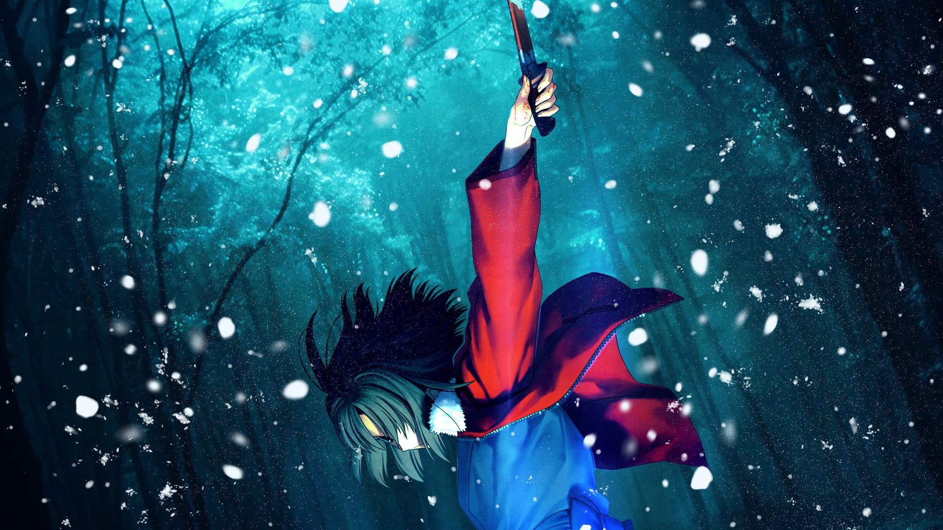 Shiki Ryougi with knife in snowy forest HD Wallpaper