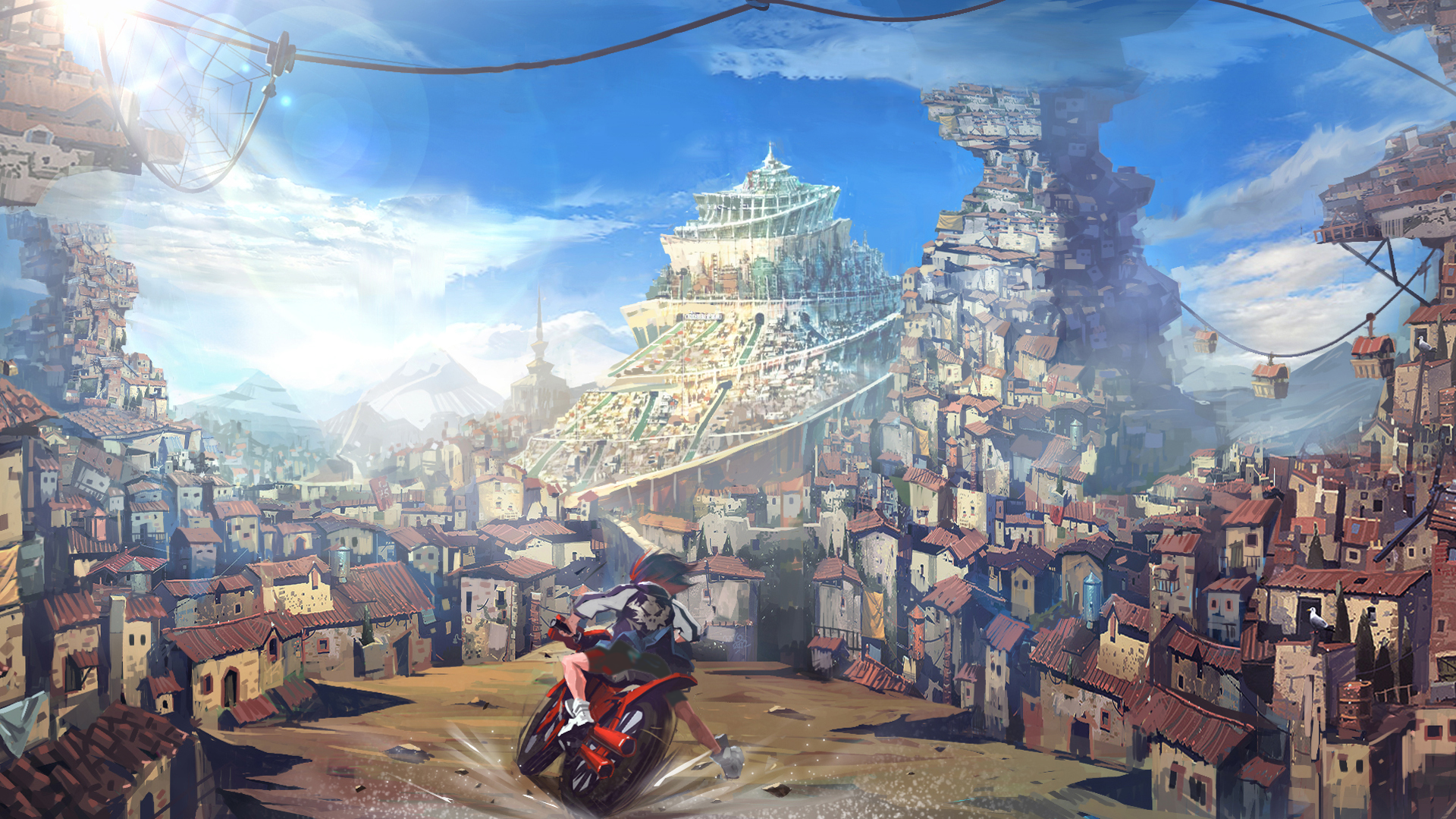 Ryūko Matoi on a motorcycle in a fantasy city HD Wallpaper