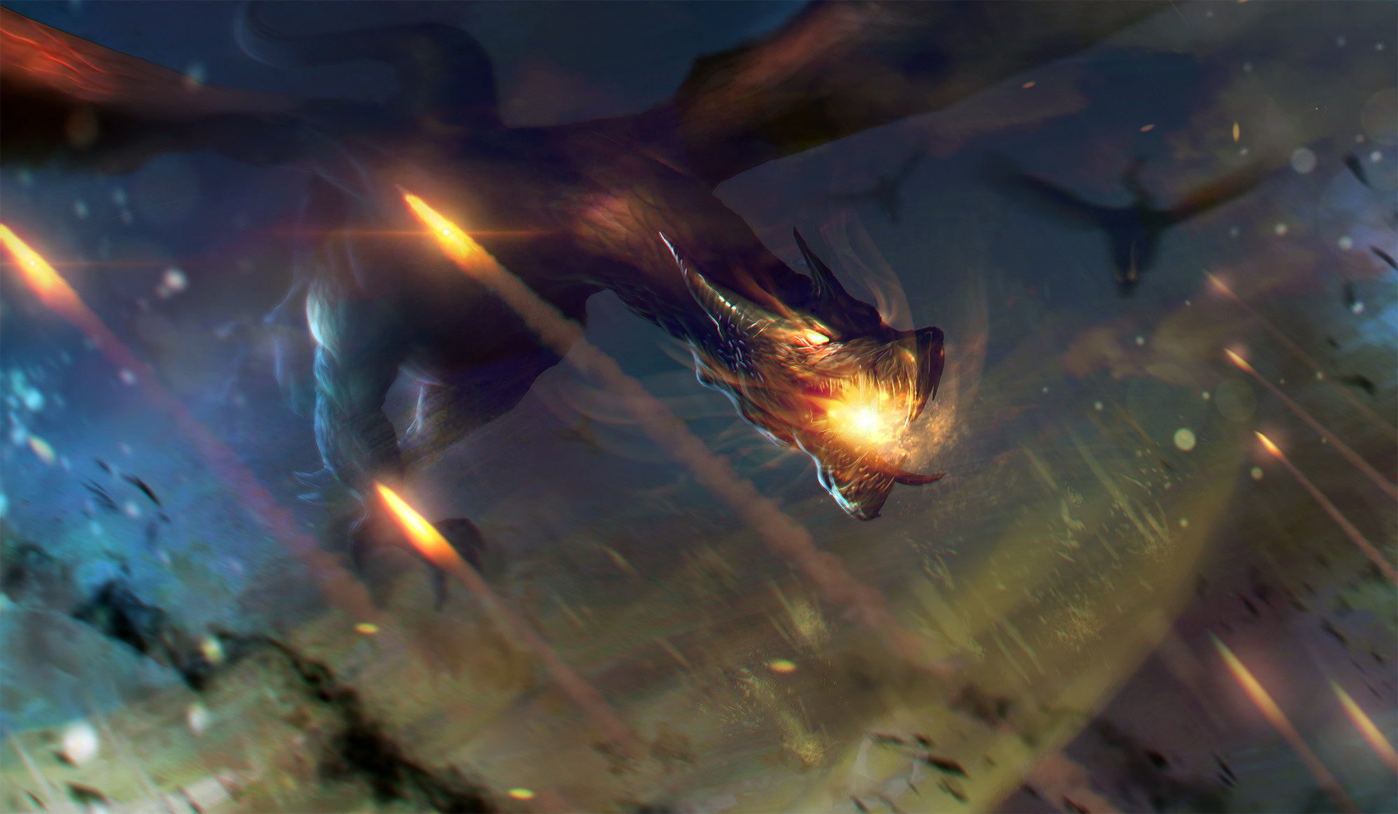 Dragon in battle with fiery projectiles HD Wallpaper