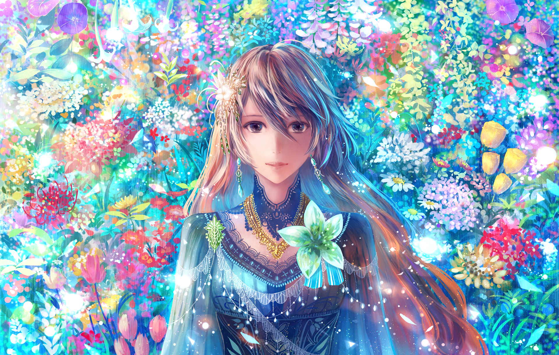Girl in a colorful flower garden HD Wallpaper