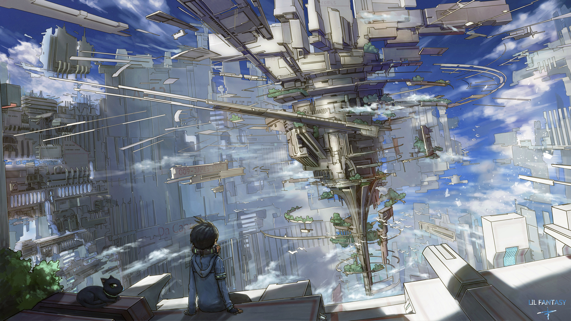 Anime cityscape with a person and cat HD Wallpaper