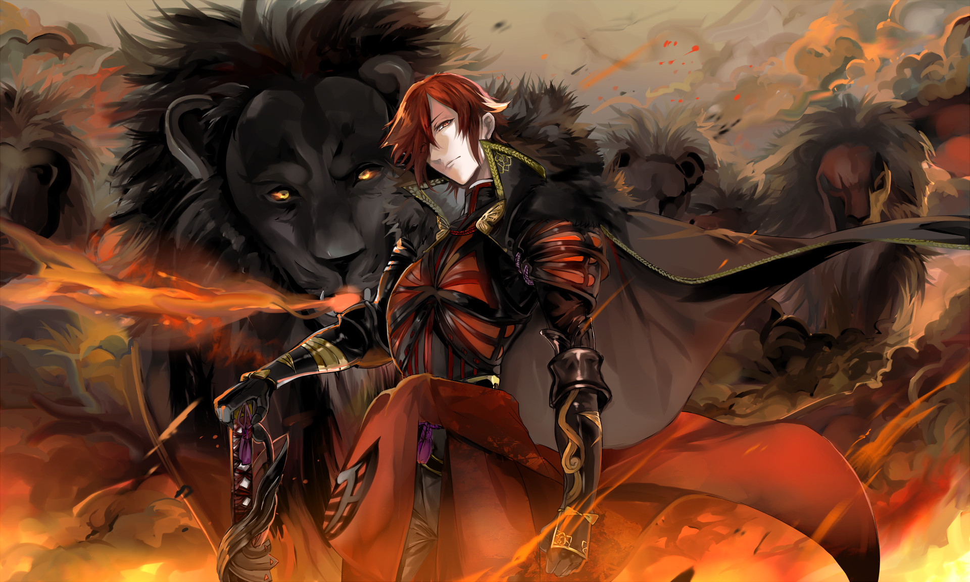 Anime man with red hair and lions HD Wallpaper