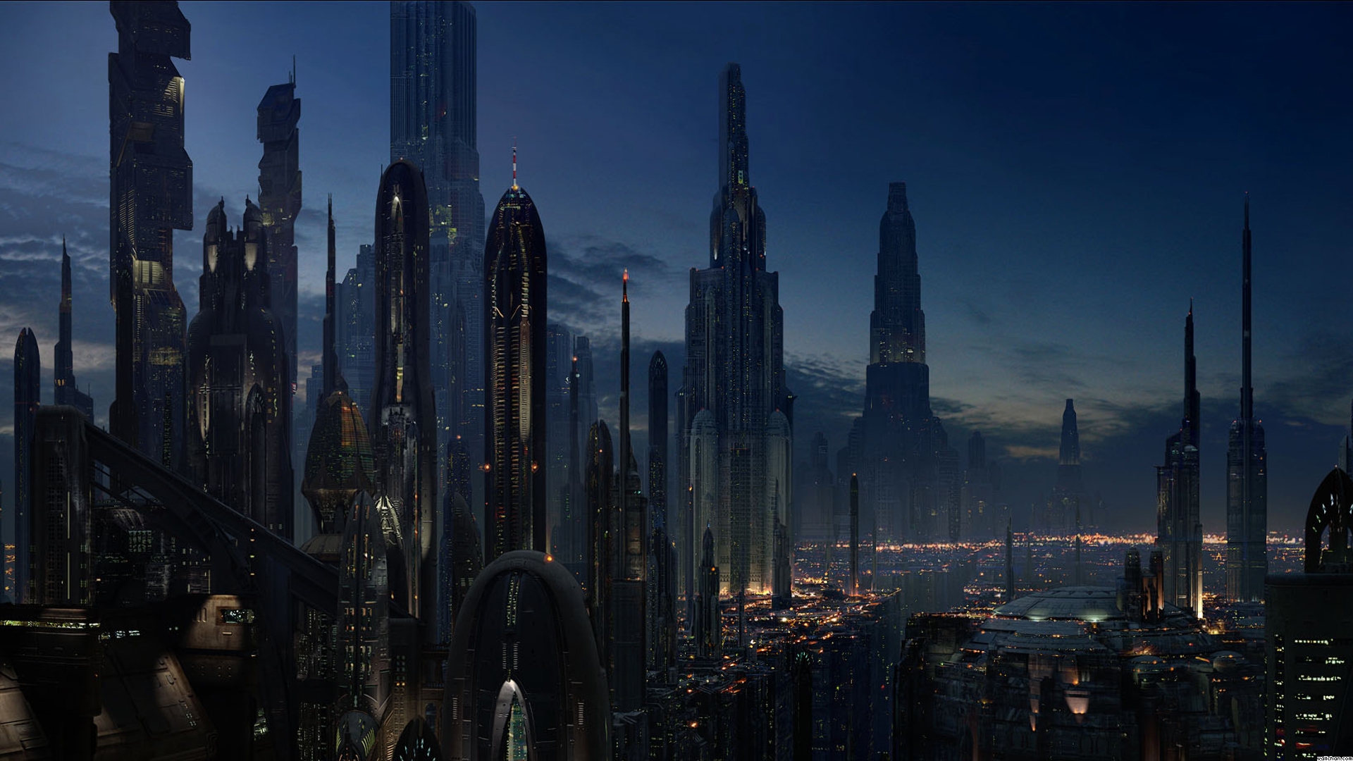 Sci-Fi Cityscape at Dusk HD Wallpaper