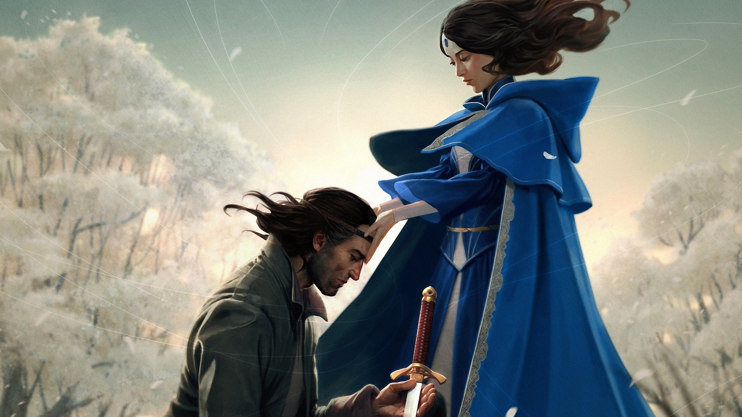 Woman in blue placing crown on kneeling man HD Wallpaper
