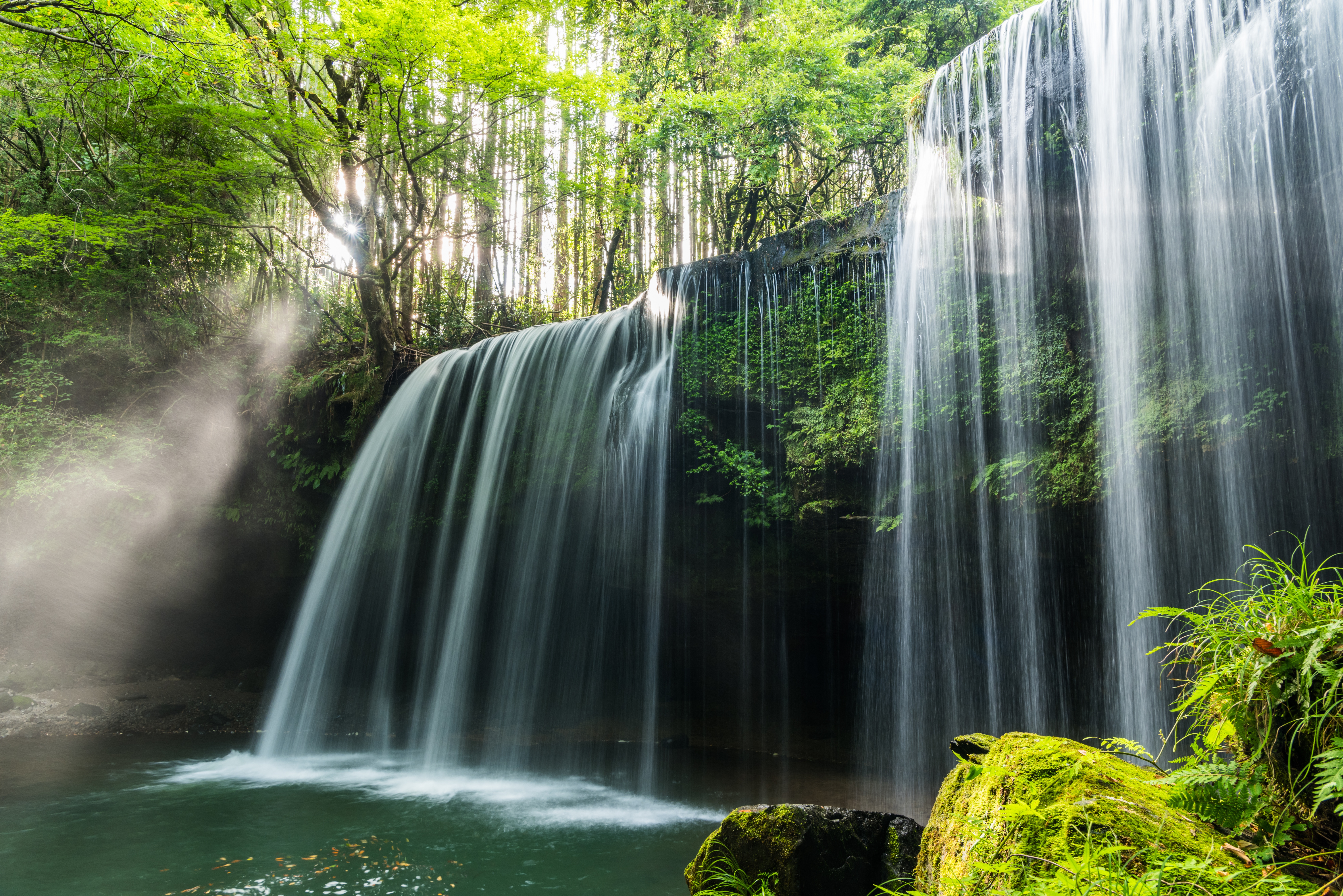 Sunlit Waterfall in Lush Green Forest HD Wallpaper