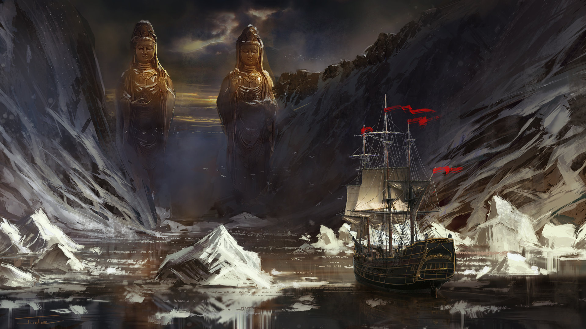 Ship sailing between giant statues and icebergs HD Wallpaper
