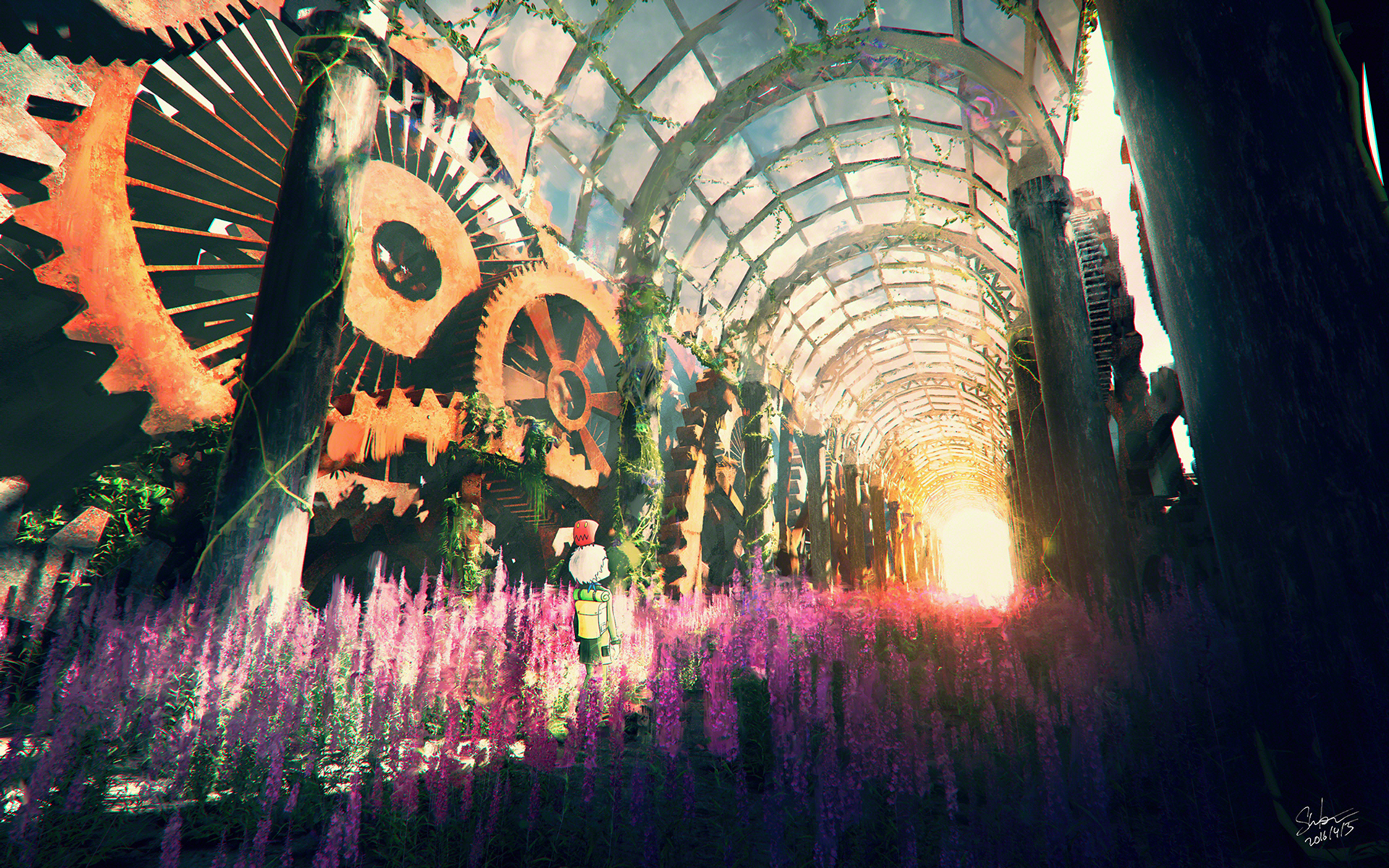 Steampunk abandoned tunnel with flowers and sunlight HD Wallpaper