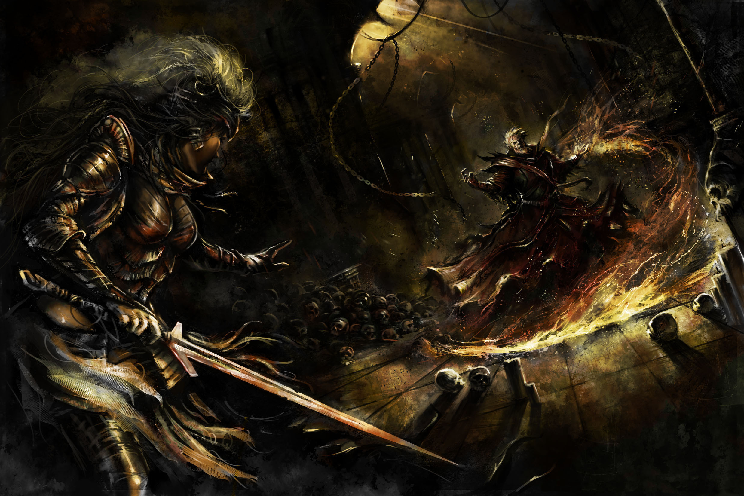 Fantasy Battle between a warrior and a sorcerer HD Wallpaper