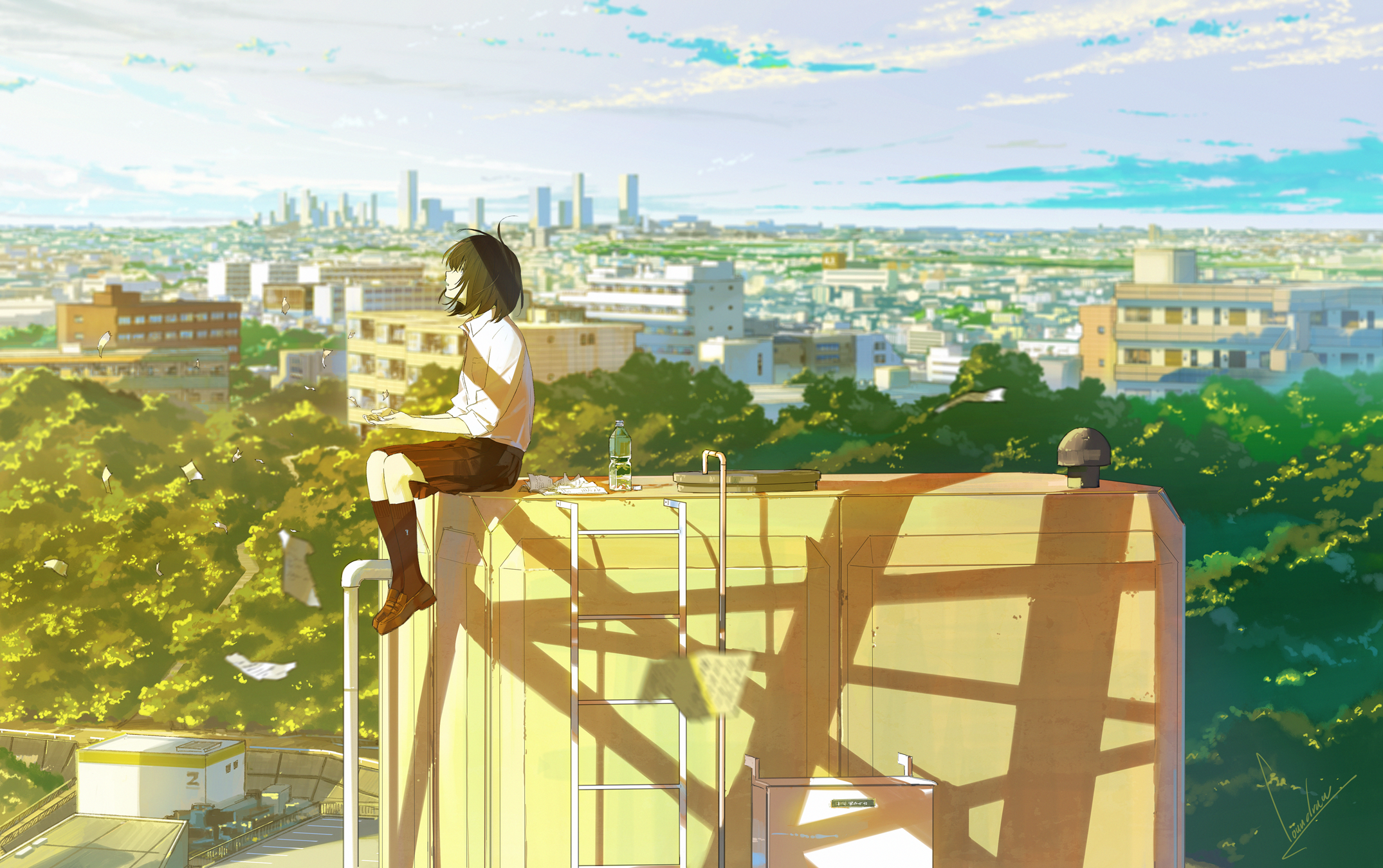 Girl sitting on a rooftop overlooking a city HD Wallpaper