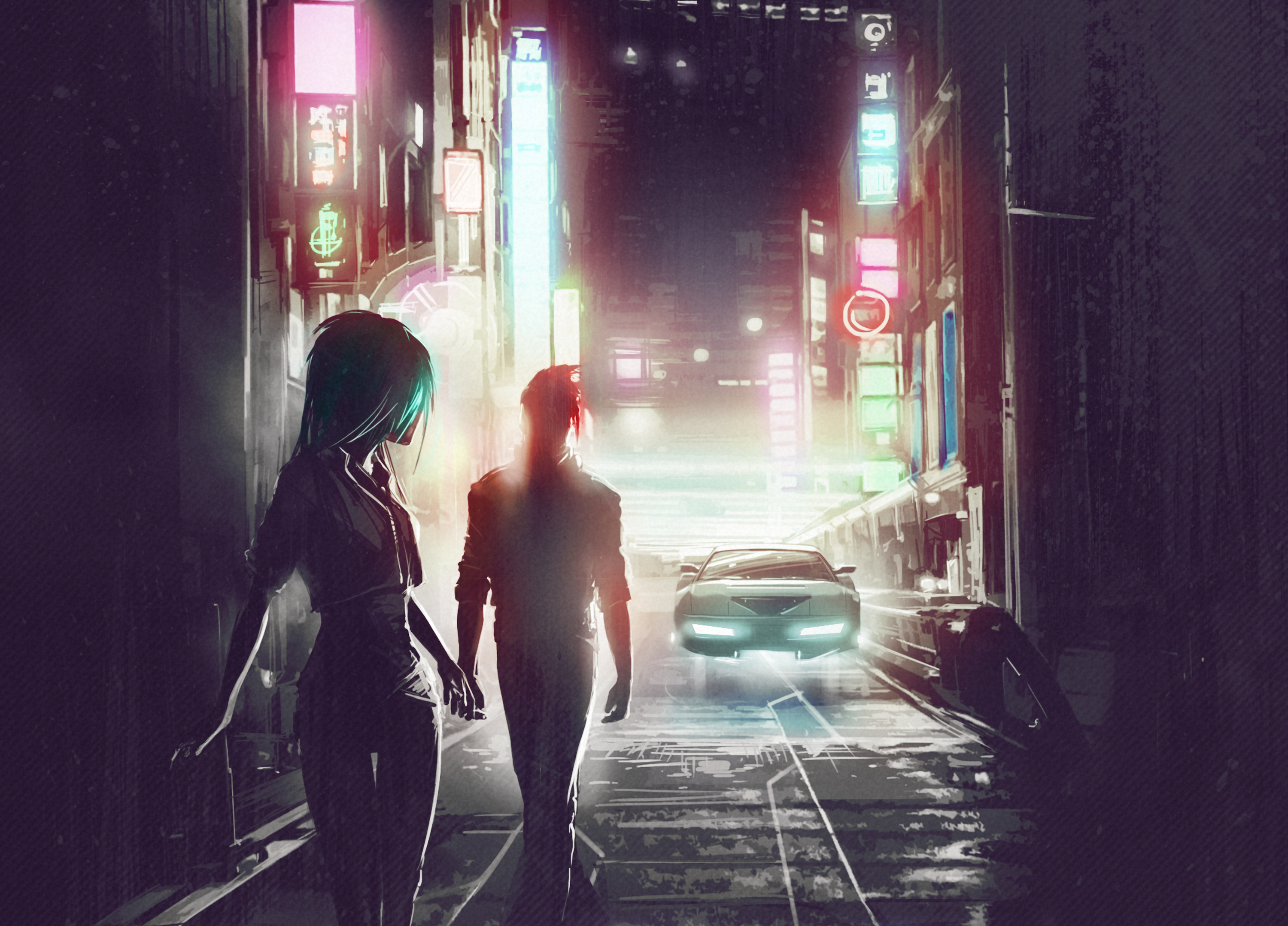 Man and Woman in Futuristic Neon City with Flying Car HD Wallpaper