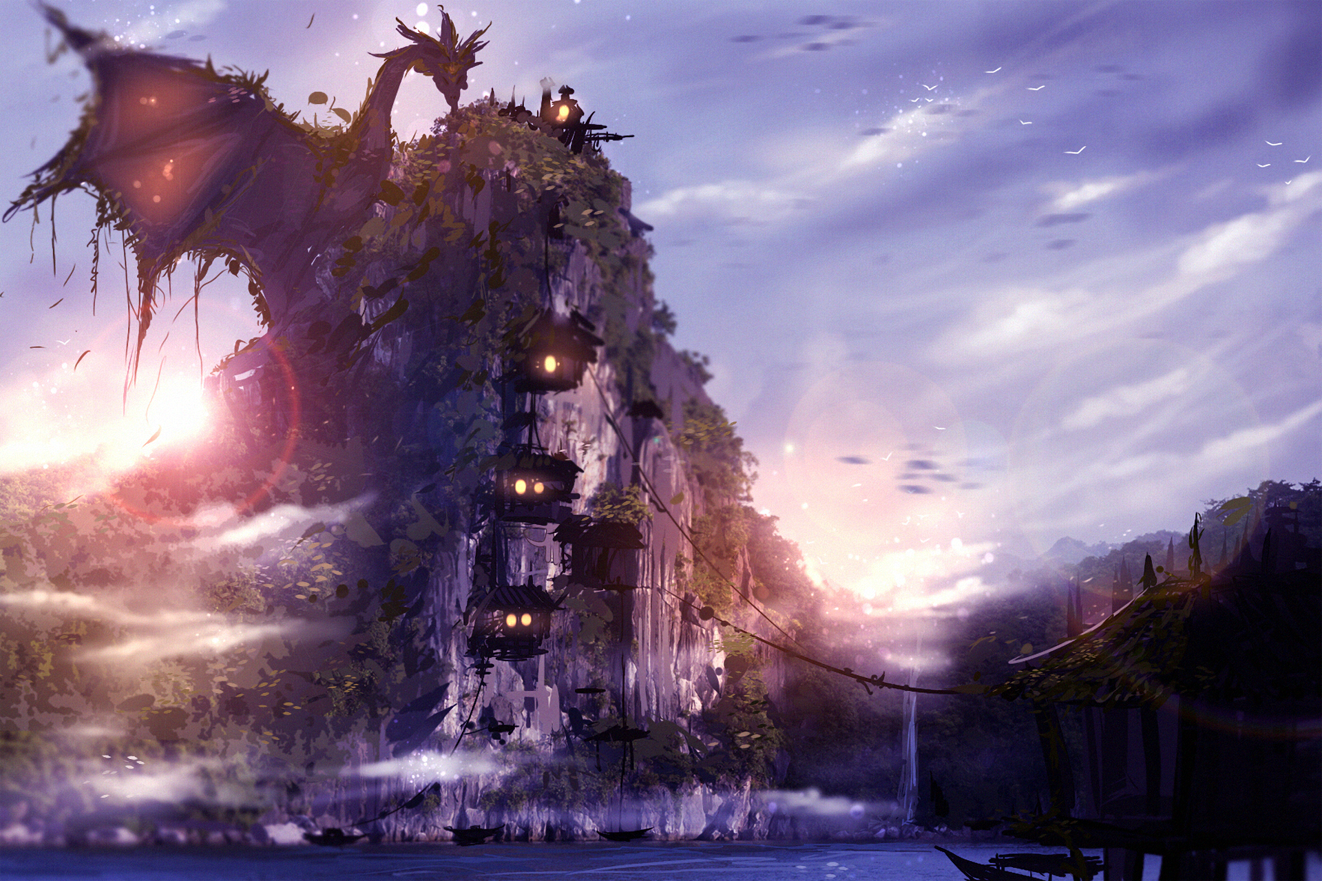 Fantasy dragon perched on a cliff with houses HD Wallpaper